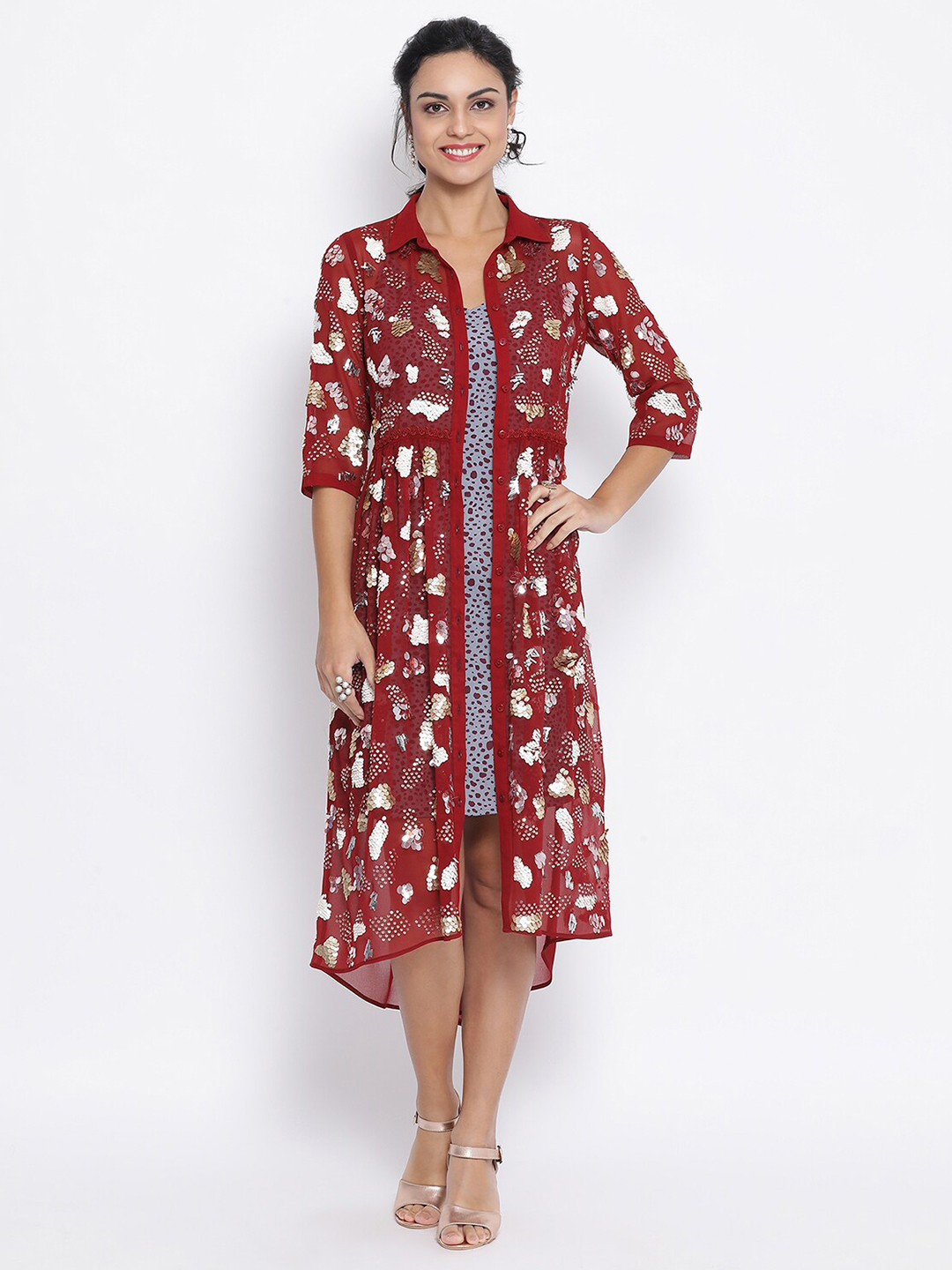 LELA Maroon & Silver-Toned Shirt Collar Embellished Tunic