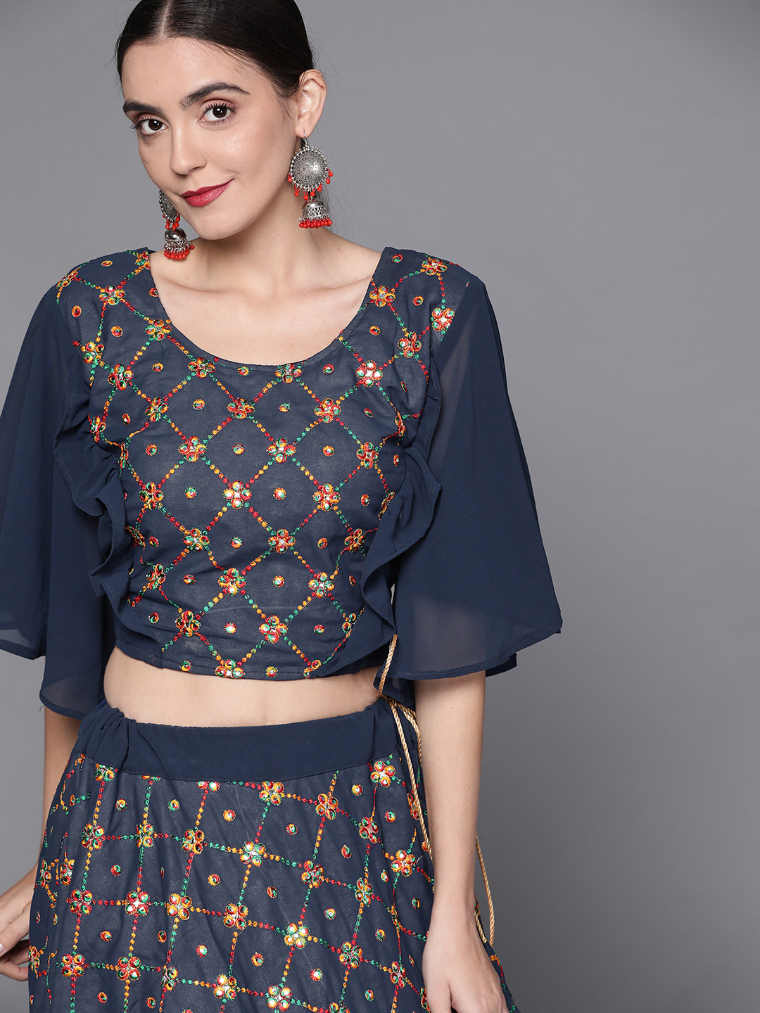 Chhabra 555 Navy Blue Embroidered Mirror Work Made to Measure Lehenga