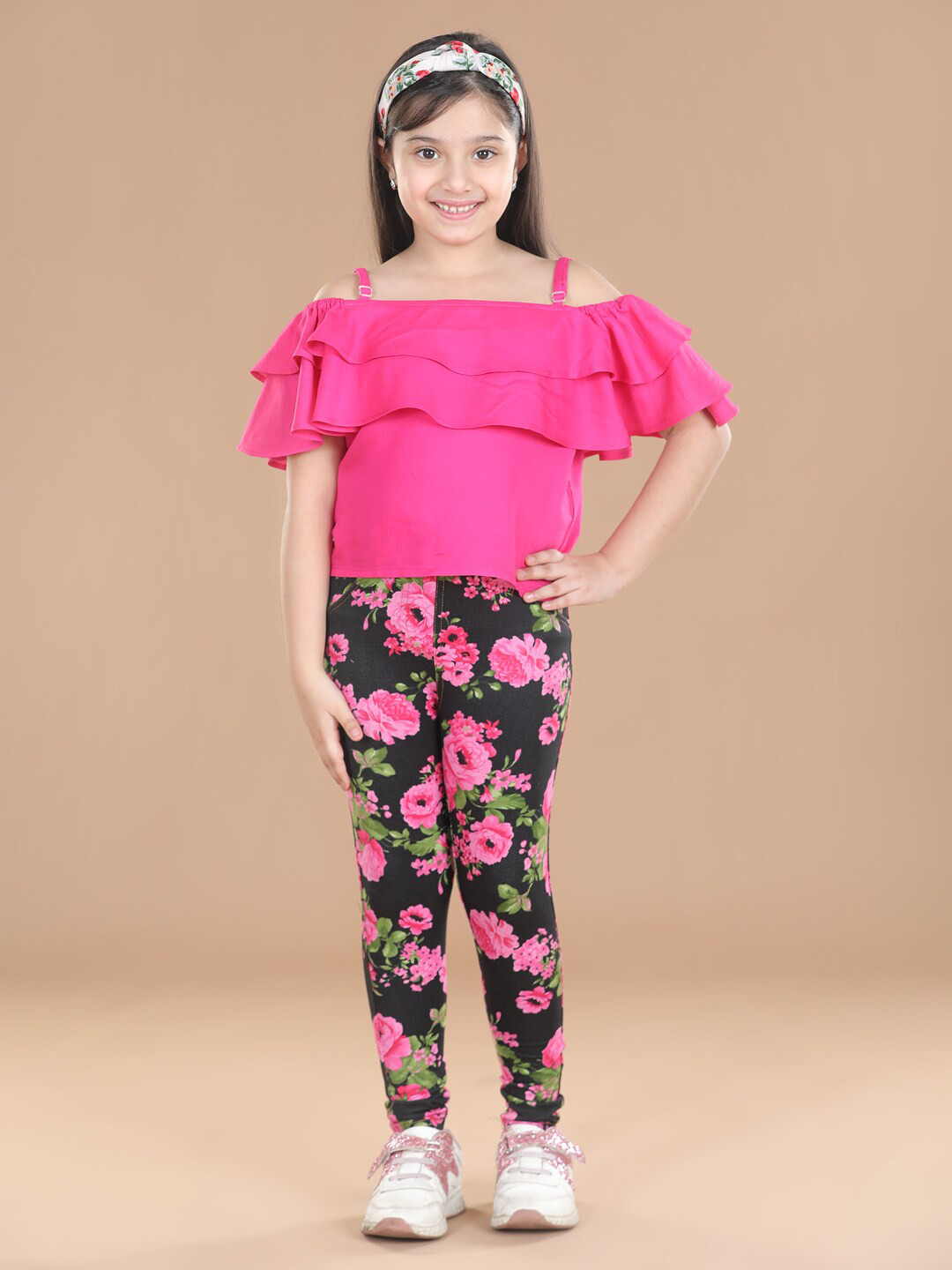 StyleStone Girls Pink & Black Floral Printed Top with Jeggings