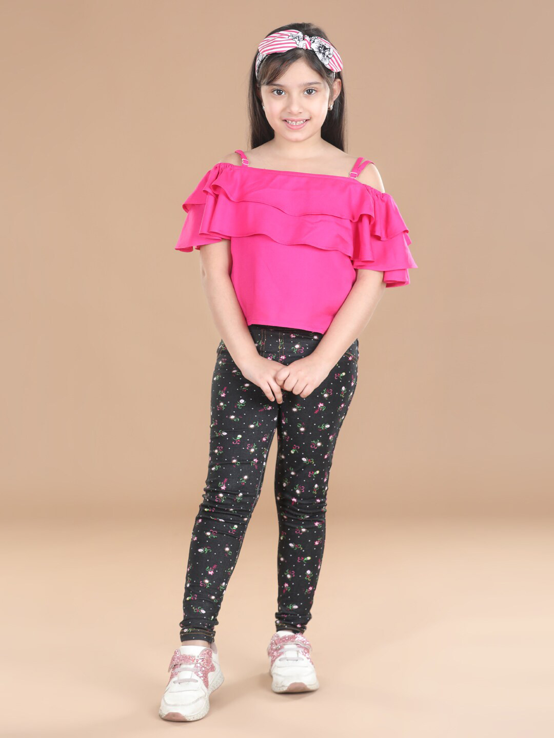 StyleStone Girls Pink & Black Top with Leggings