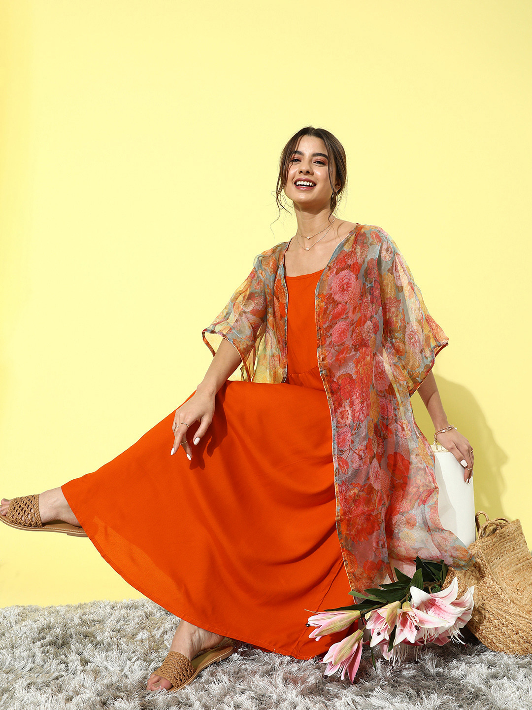 InWeave Women Bright Orange Solid Slip Dress