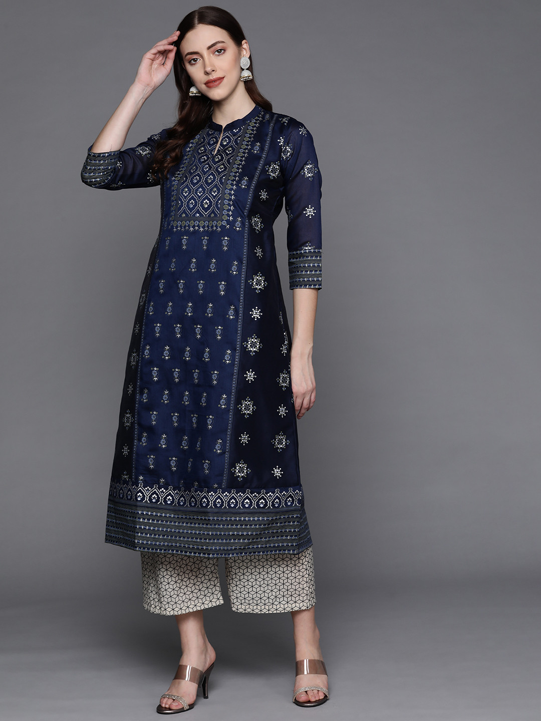 PINKSKY Women Navy Blue Ethnic Motifs Printed Sequinned Kurta with Palazzos