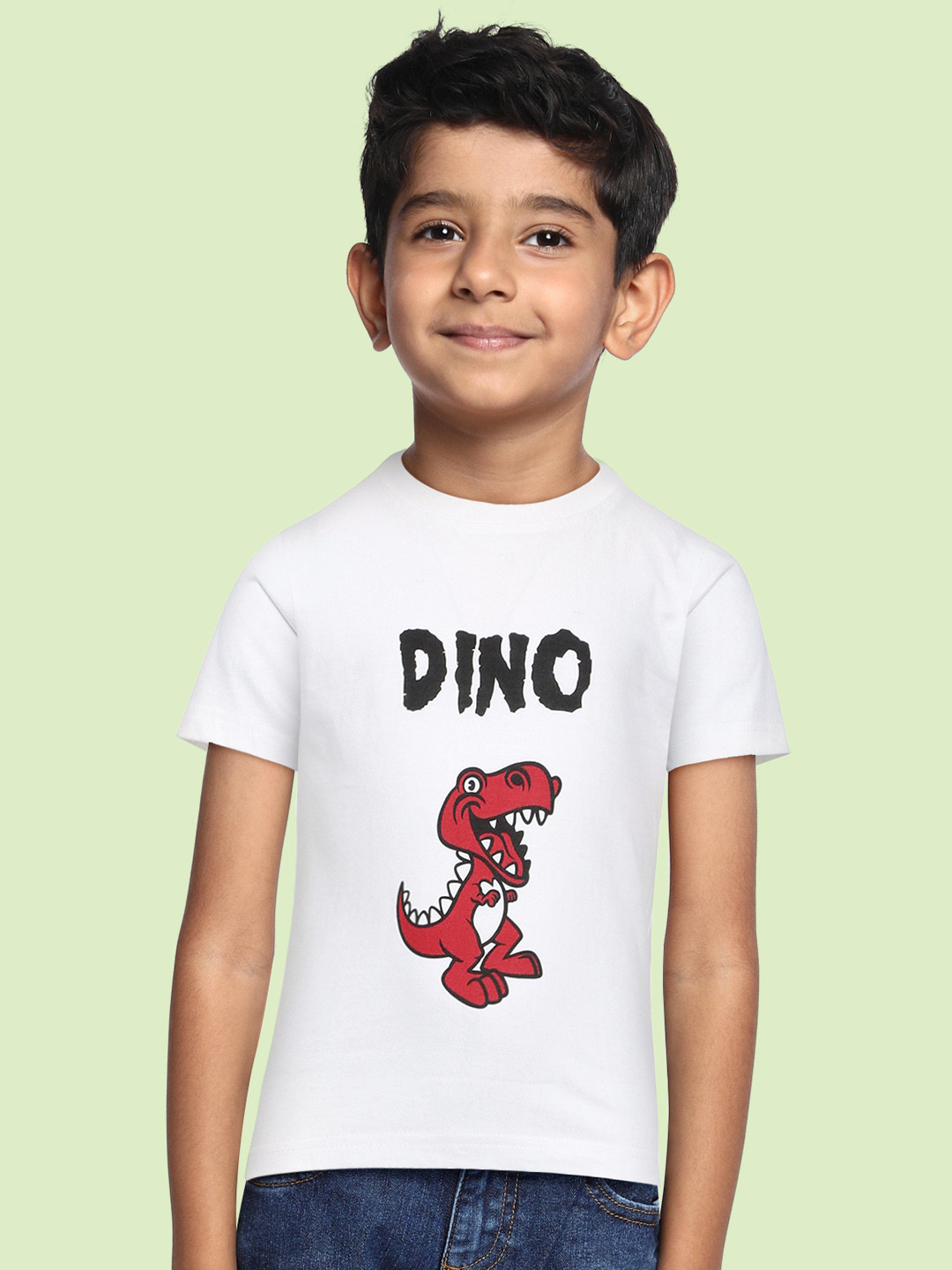 BRATMA Kids White & Red Dinosaur Printed Cotton T-shirt