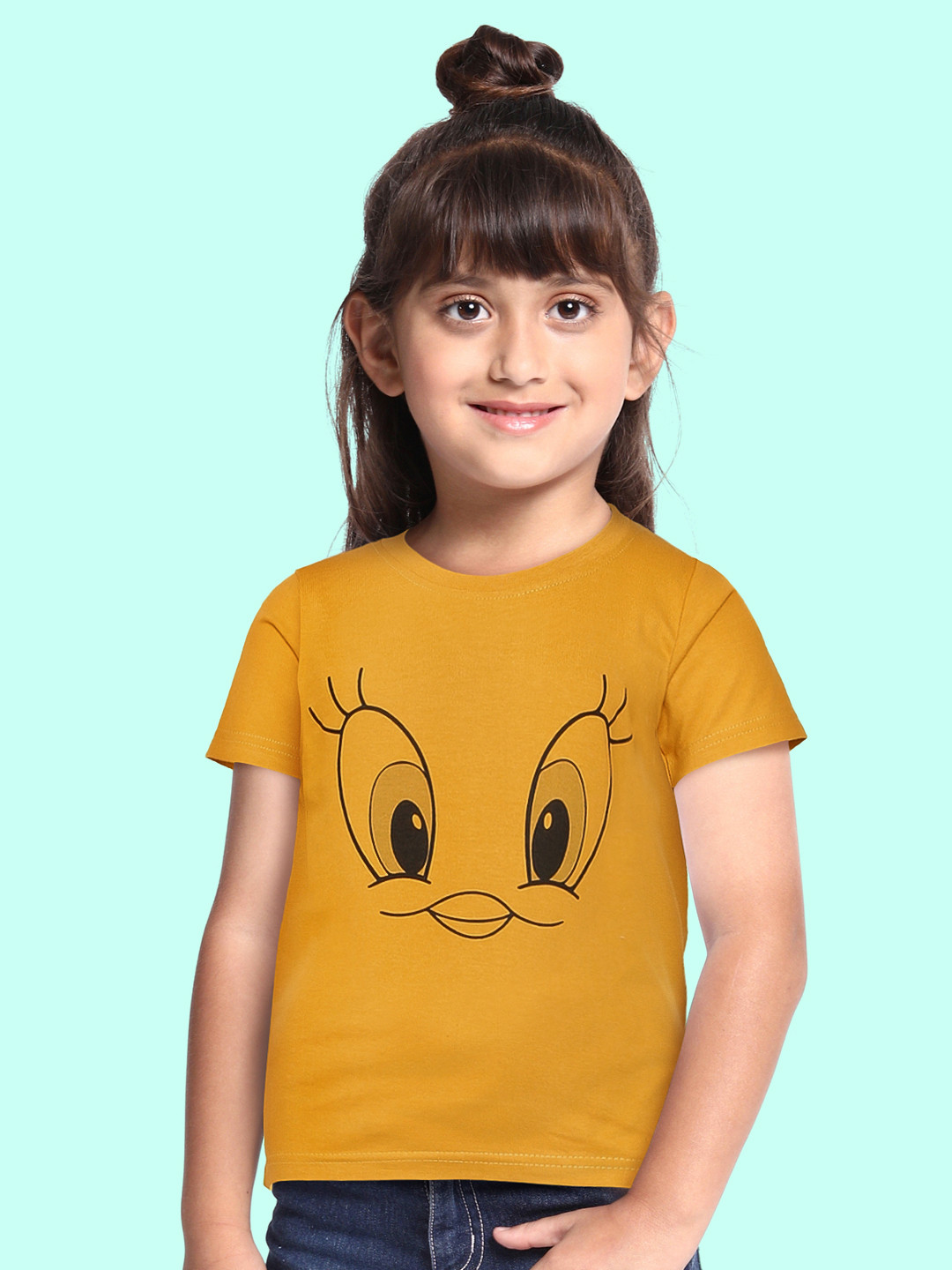 BRATMA Kids Mustard Yellow & Black Tweety Print Cotton T-shirt
