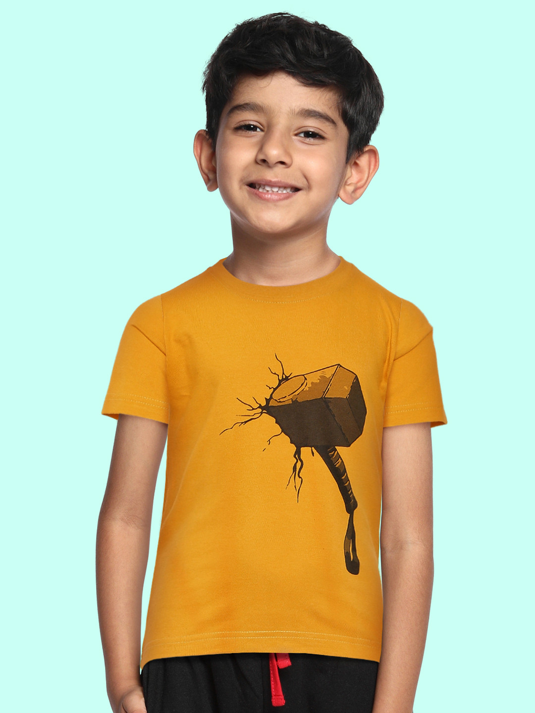 BRATMA Kids Mustard Yellow & Black Thor's Hammer Printed Cotton T-shirt