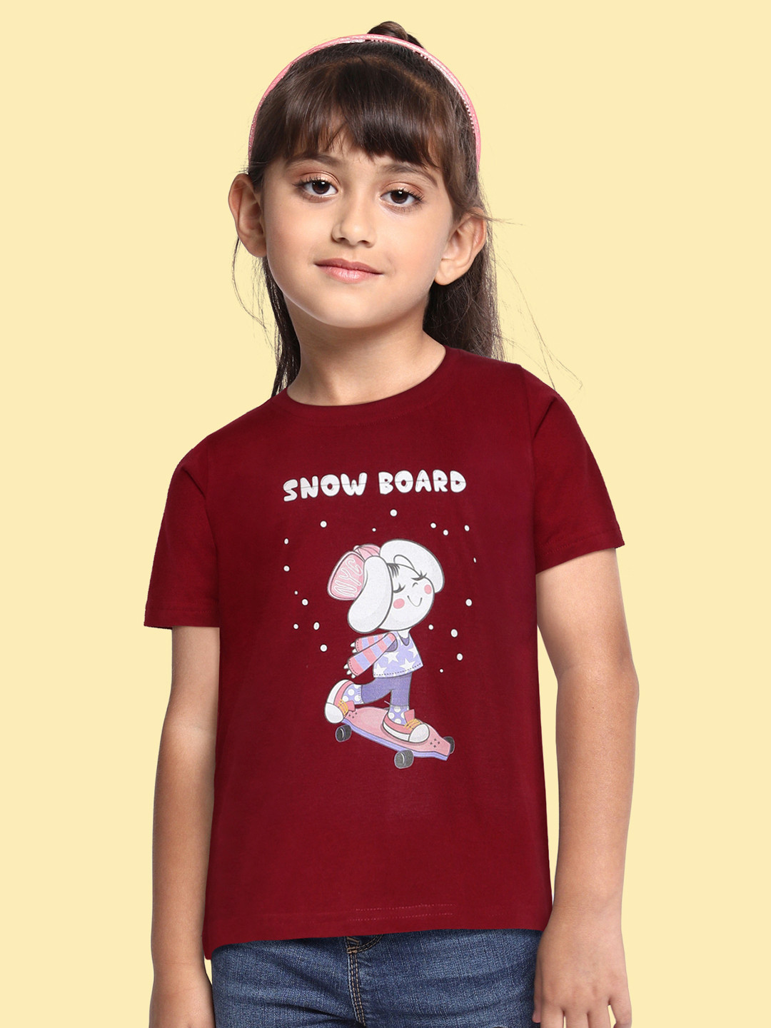 BRATMA Kids Maroon & White Snow Board Printed Cotton T-shirt