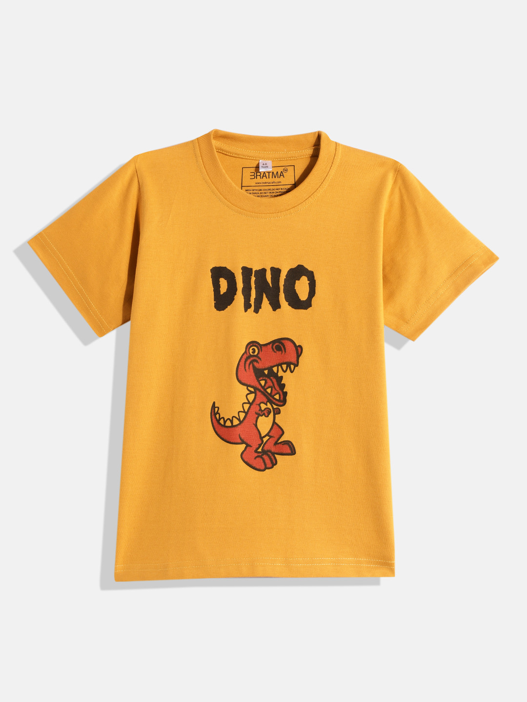 BRATMA Kids Mustard Yellow & Red Typography & Dinosaur Cotton T-shirt