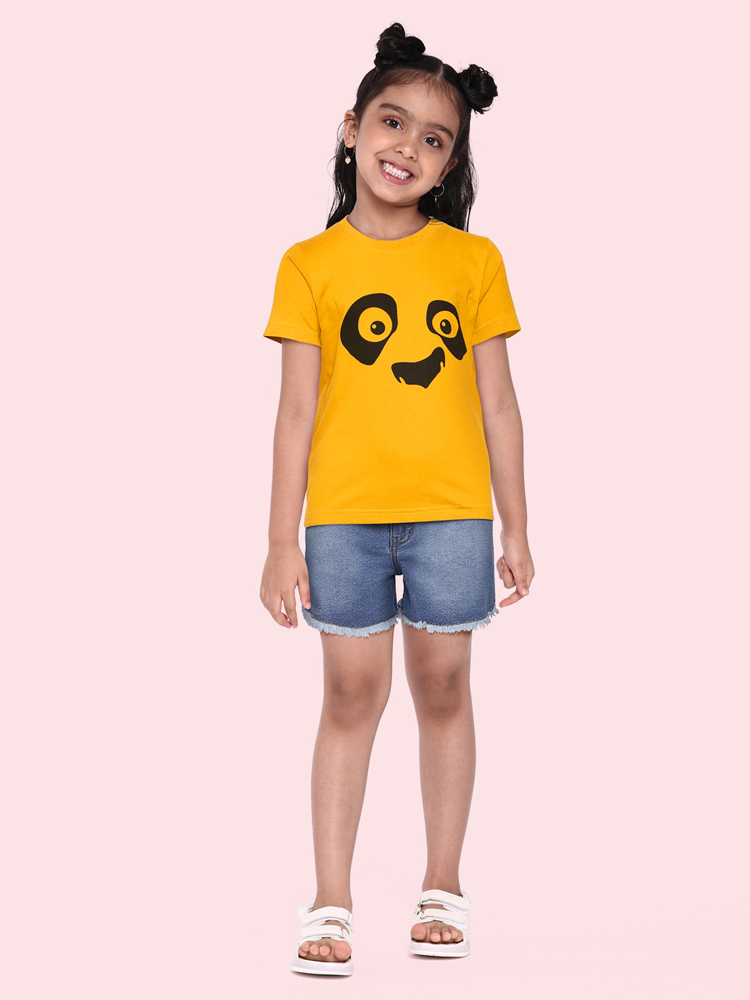 BRATMA Kids Mustard Yellow & Black Panda Eye Printed Cotton T-shirt