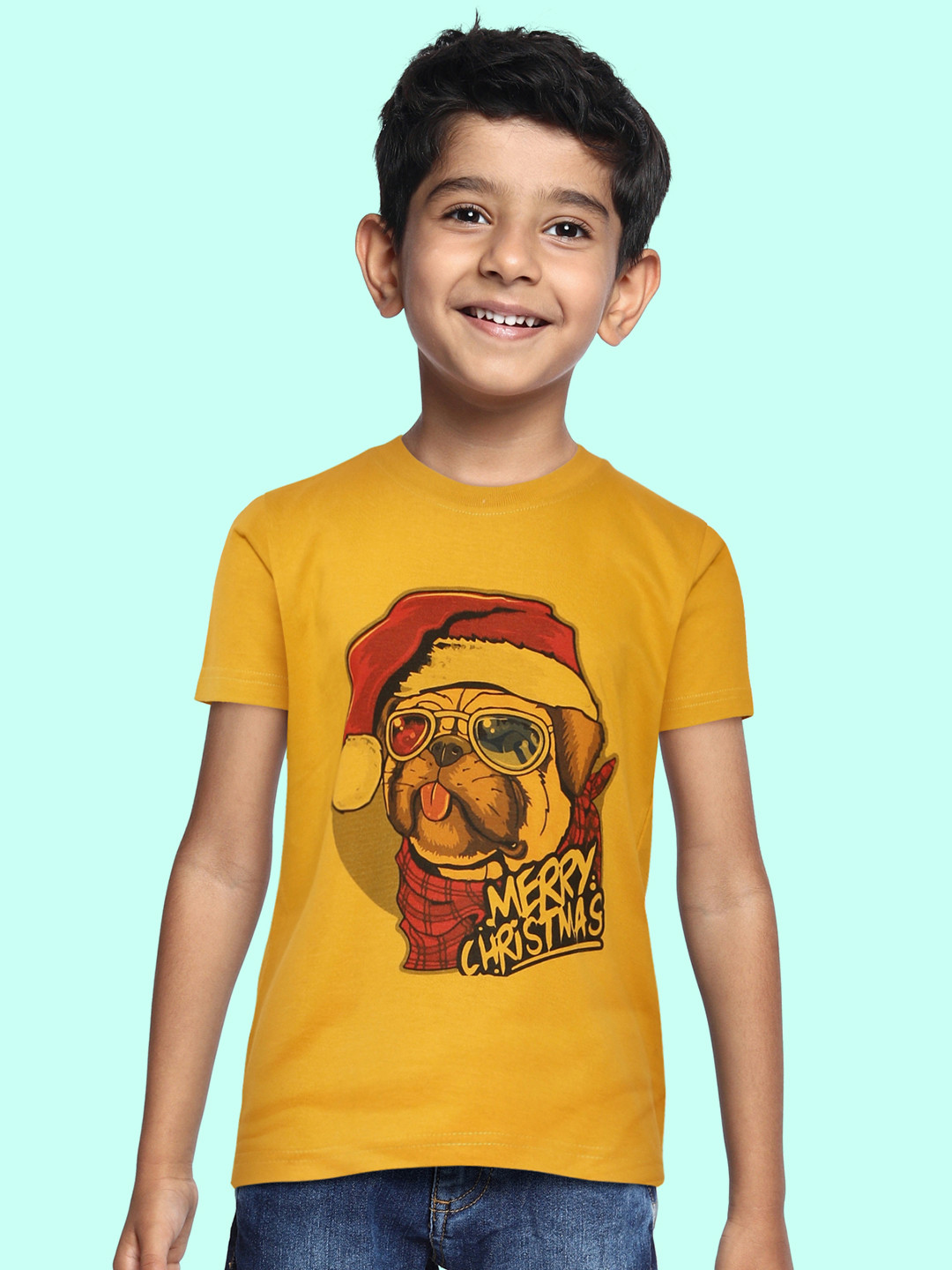 BRATMA Kids Mustard Yellow & Red Pug & Christmas Printed Cotton T-shirt