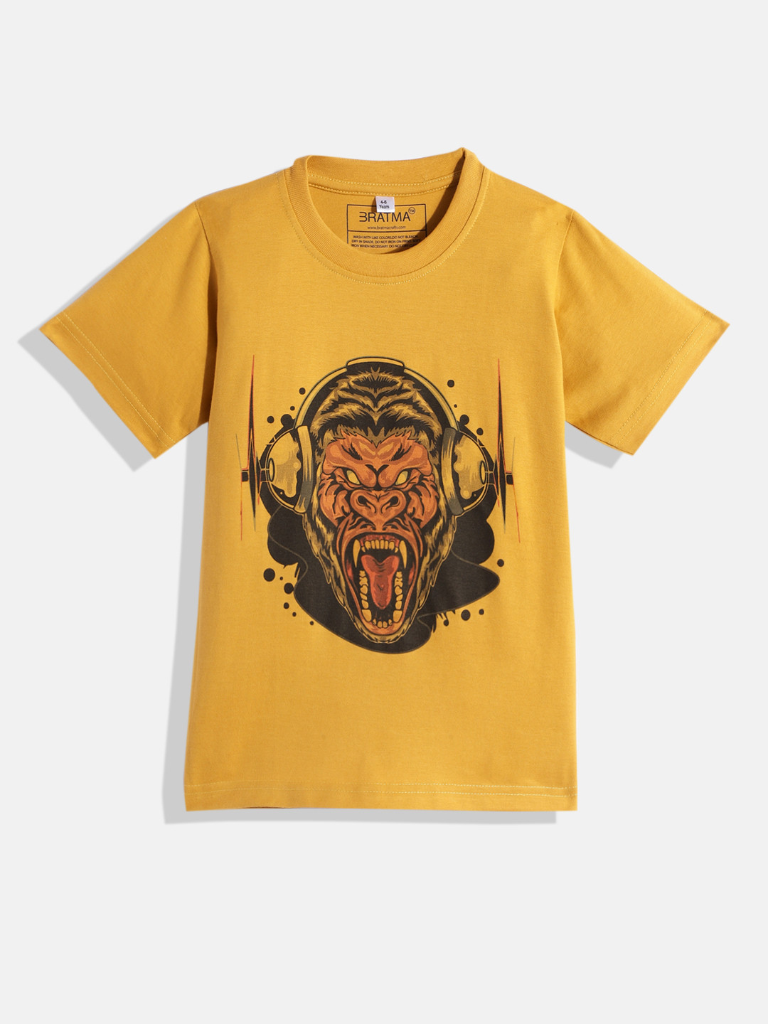 BRATMA Kids Mustard Yellow & Brown Dj Gorila Printed Cotton T-shirt