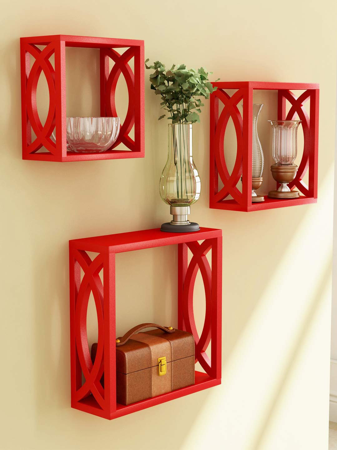 Home Sparkle Set of 3 Red Carved Wall Shelves