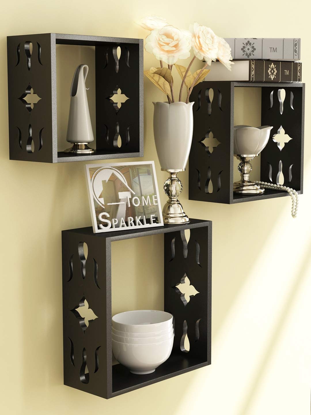 Home Sparkle Black Set of 3 Cube Wall Shelves