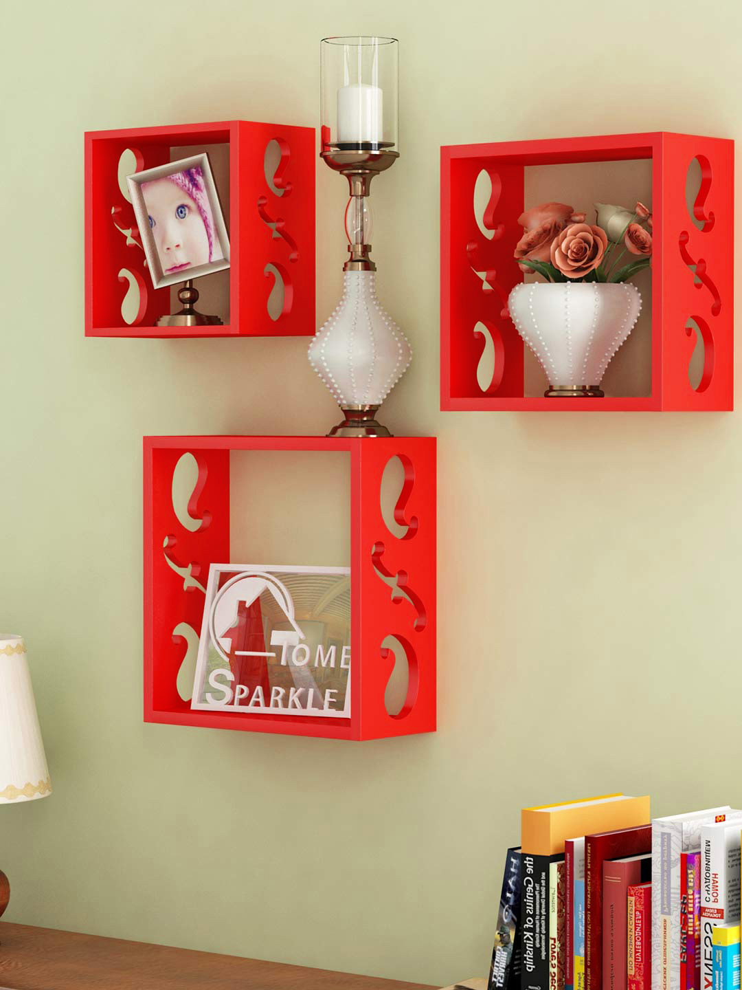 Home Sparkle Red Set of 3 Cube Wall Shelves