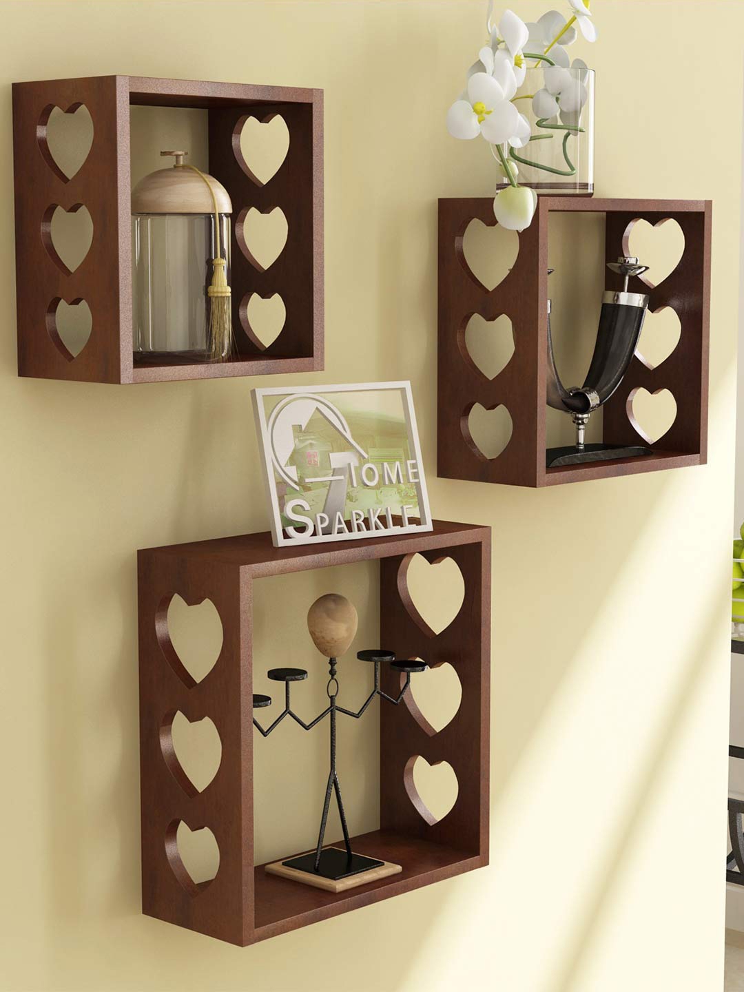Home Sparkle Brown Set of 3 Cube Wall Shelves