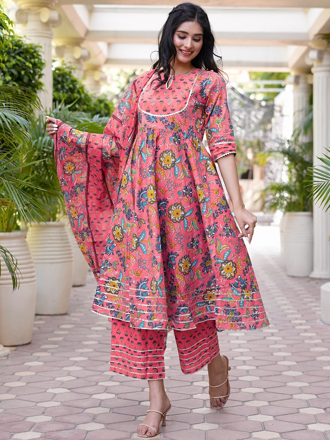 Buy Libas Women Pink Floral Printed Panelled Pure Cotton Kurta with Palazzos With Dupatta Kurta Sets for Women 16857646 Myntra