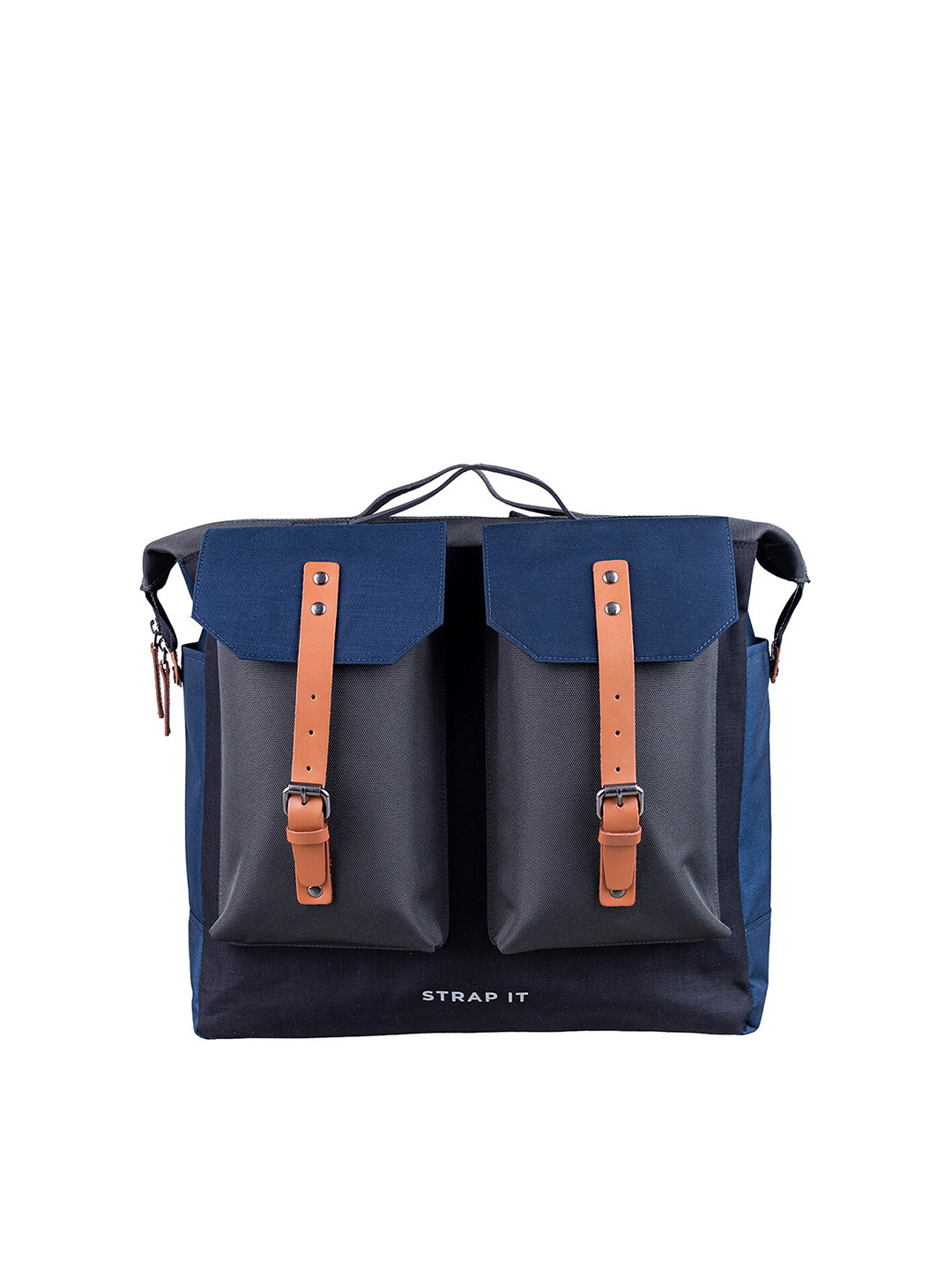 STRAP IT Unisex Blue & Black Leather Backpack with Shoe Pocket