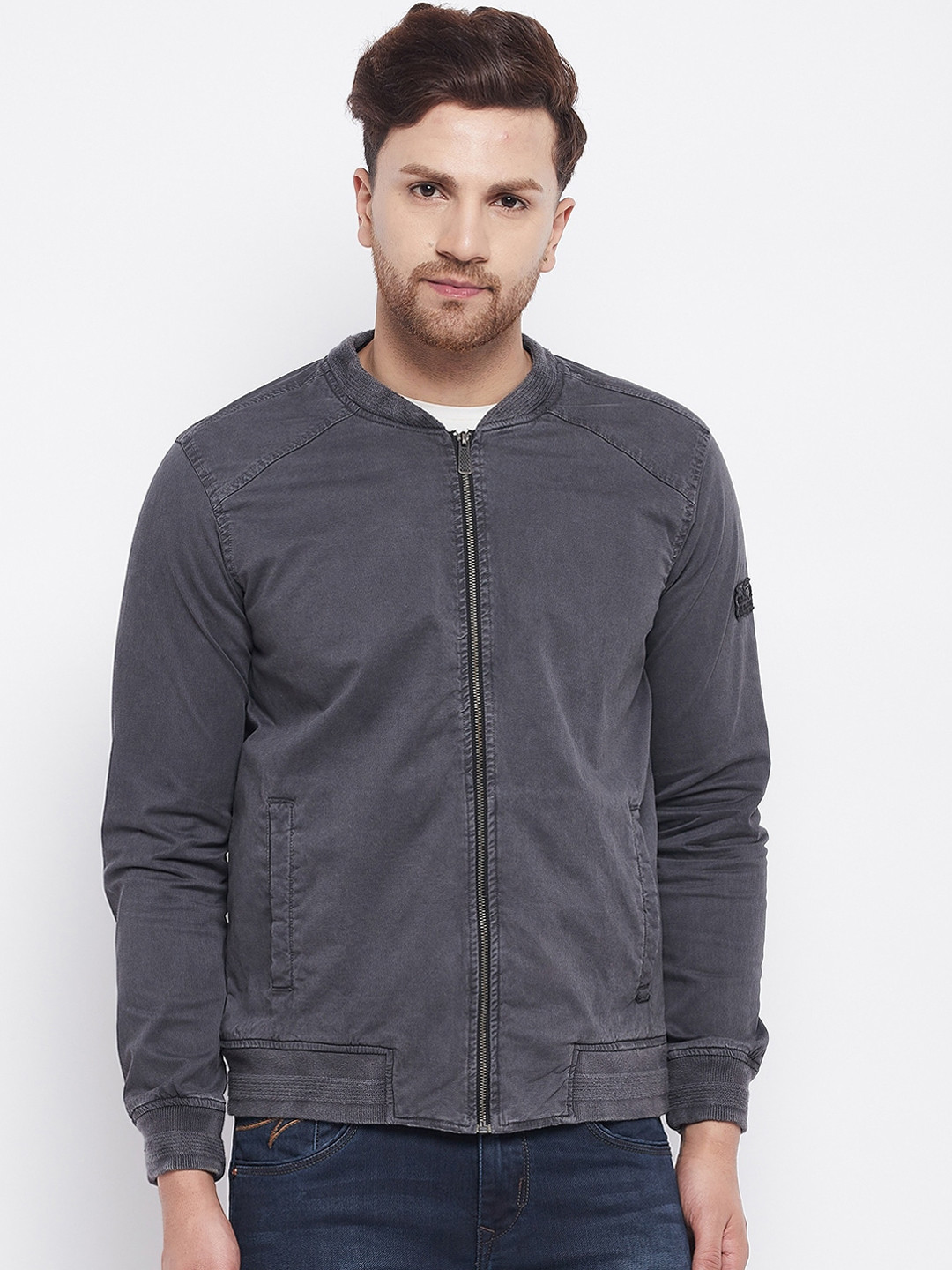 Duke Men Charcoal Grey Solid Bomber Jacket