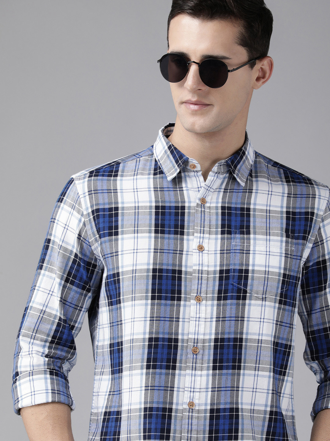 BEAT LONDON by PEPE JEANS Men Blue GRIT Slim Fit Tartan Checked Pure Cotton Casual Shirt