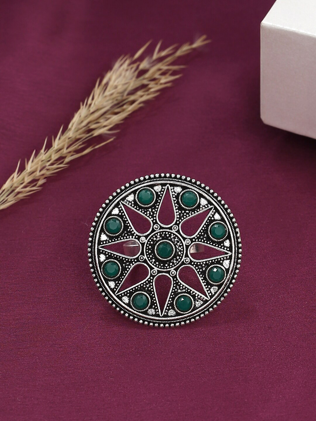 VIRAASI Oxidised Silver-Toned & Green Stone-Studded Antique Adjustable Finger Ring
