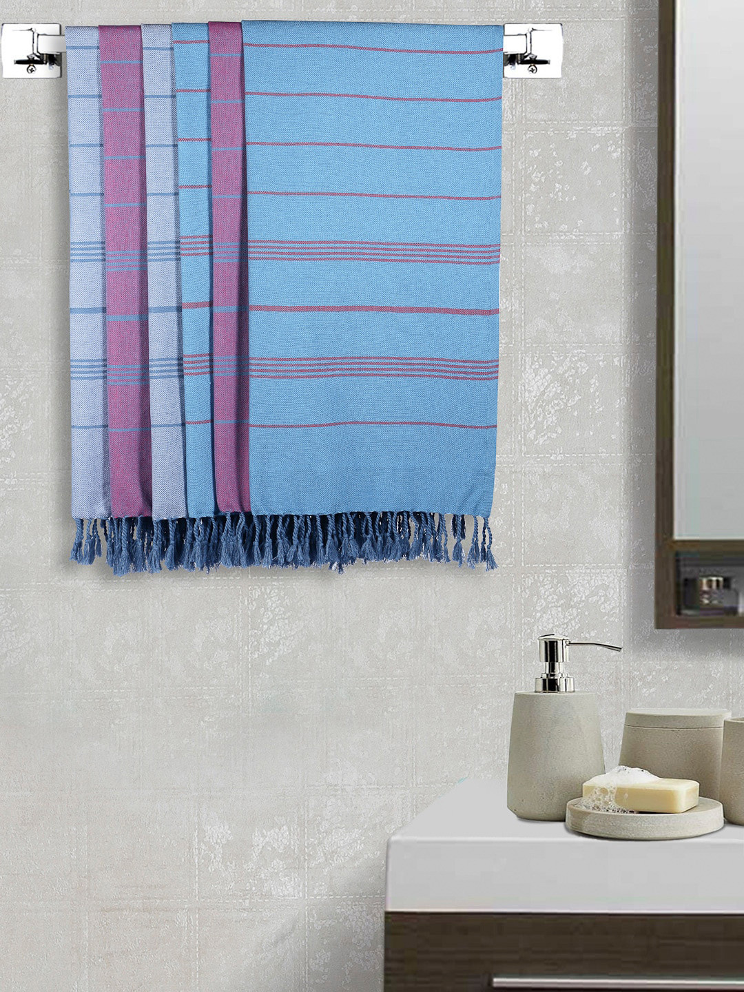 Arrabi Set Of 6 Blue & Purple 210 GSM Striped Cotton Bath Towel