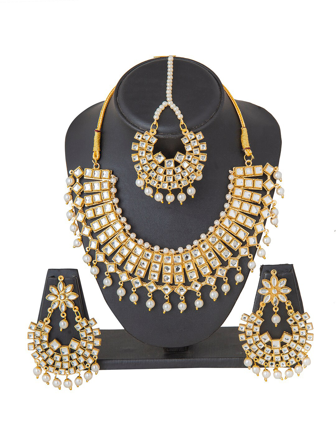 Shining Jewel - By Shivansh Gold-Plated White Kundan Studded & Beaded Jewellery Set