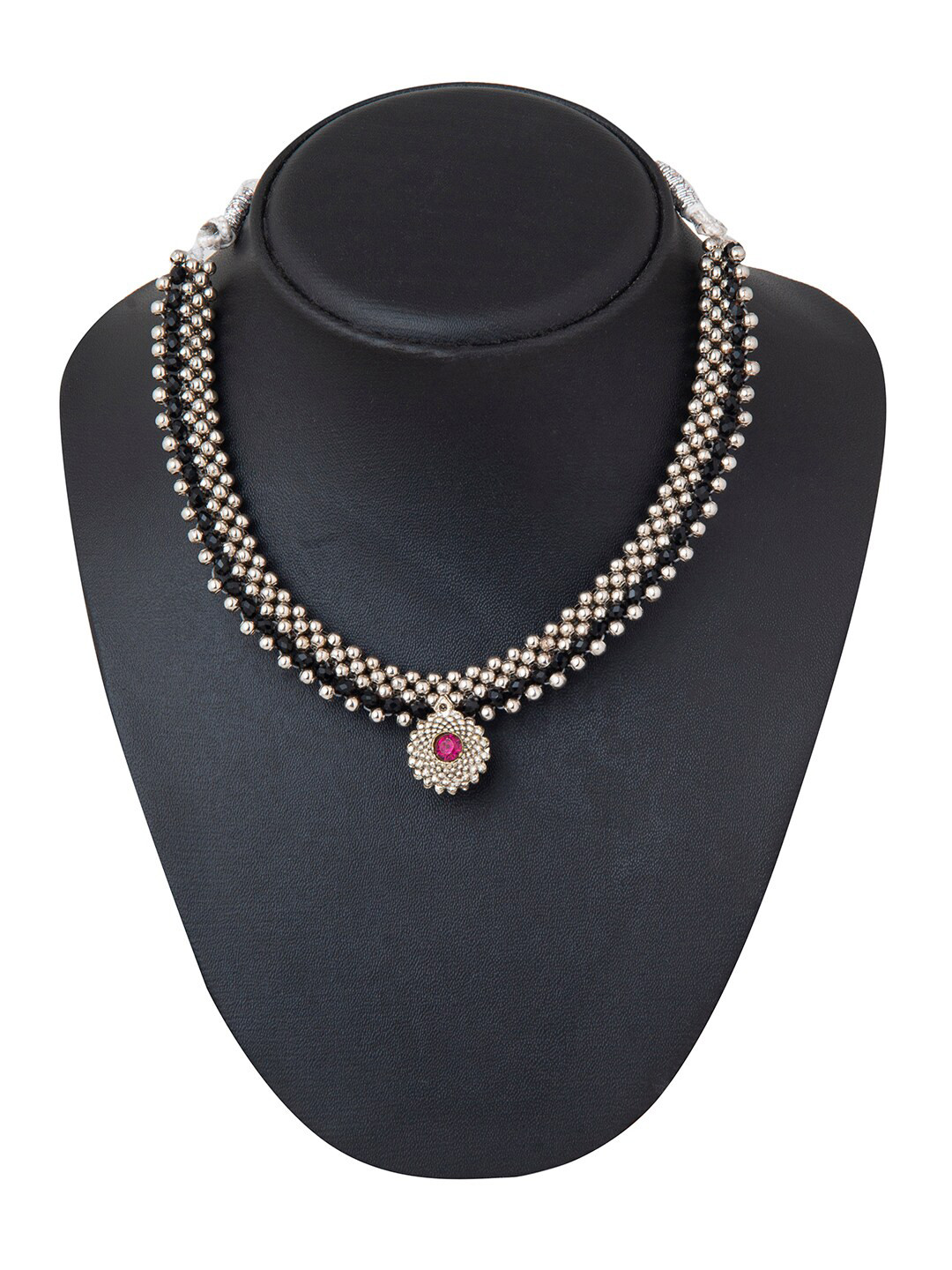 Shining Jewel - By Shivansh Oxidised Silver-Plated Black & Magenta CZ Studded Mangalsutra