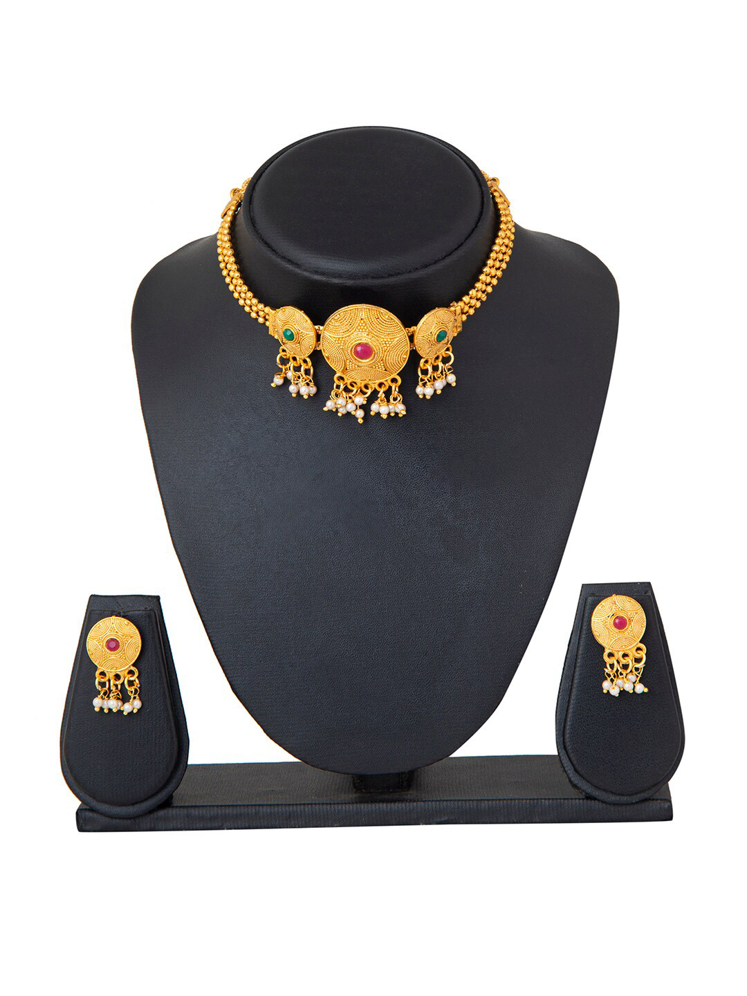 Shining Jewel - By Shivansh Gold-Plated Red & Green Pearl Studded & Beaded Jewellery Set