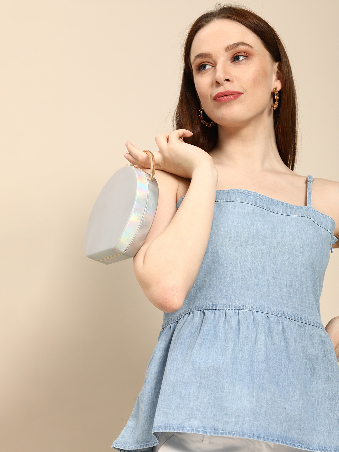 all about you Blue Shoulder Straps A-Line Denim Top