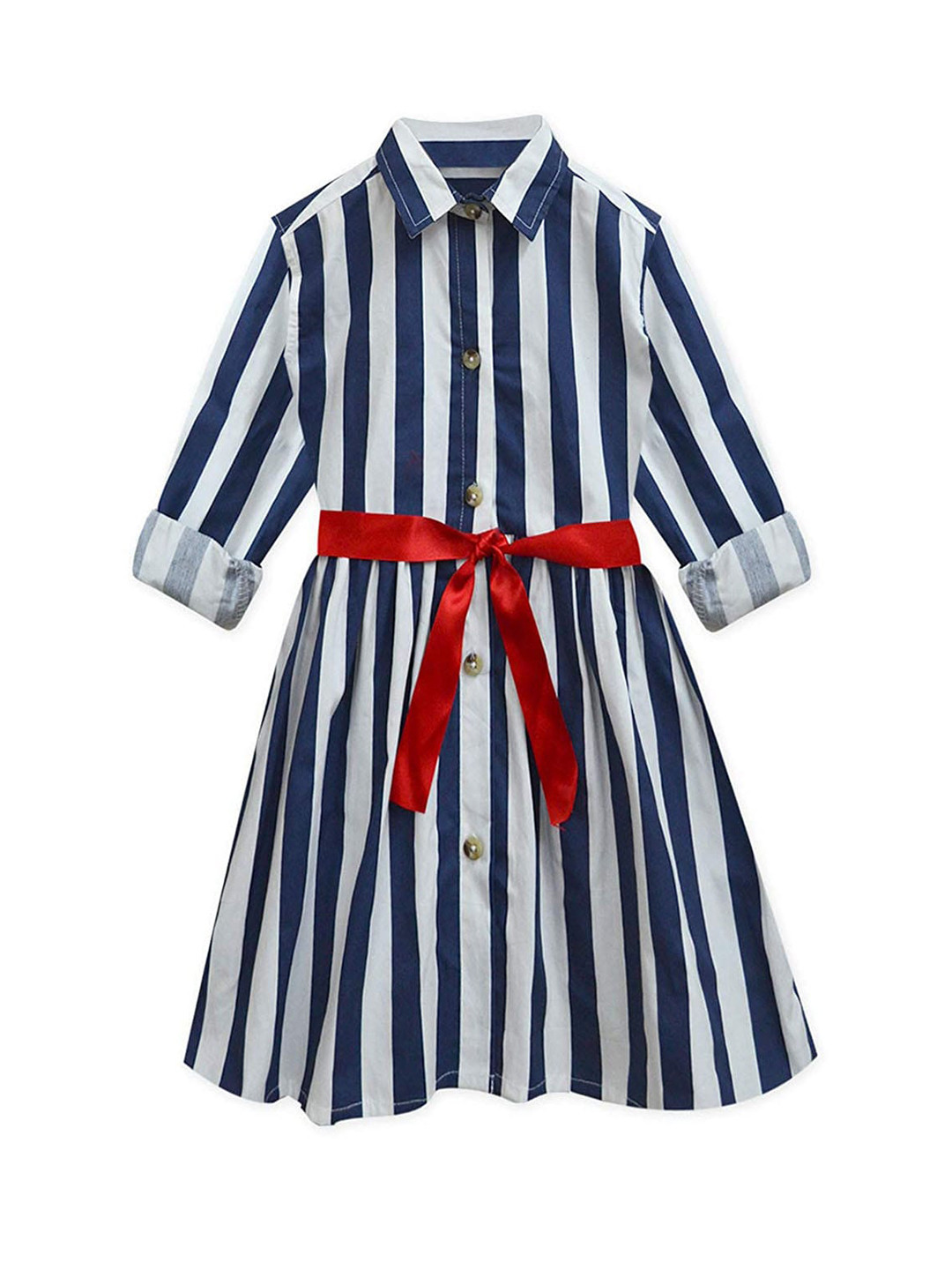 A T U N Girls Navy Blue & White Striped Pure Cotton Shirt Dress