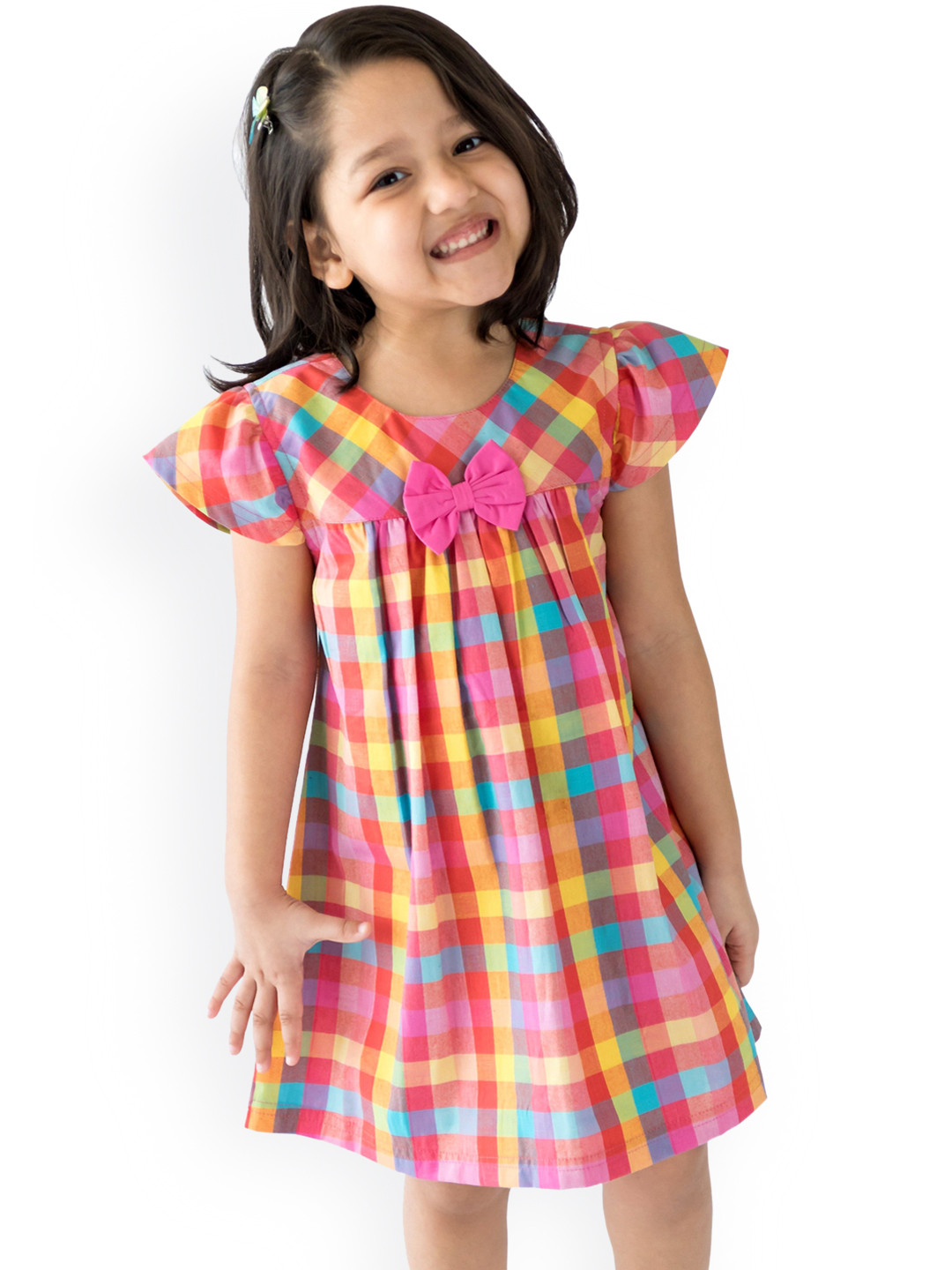 Campana Girls Short Sleeves Knee Length A-Line Checked Cotton Dress