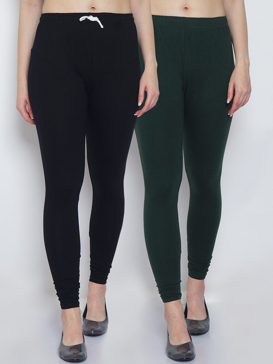 GRACIT Woman Pack of 2 Solid Black & Green Churidar Length Legging