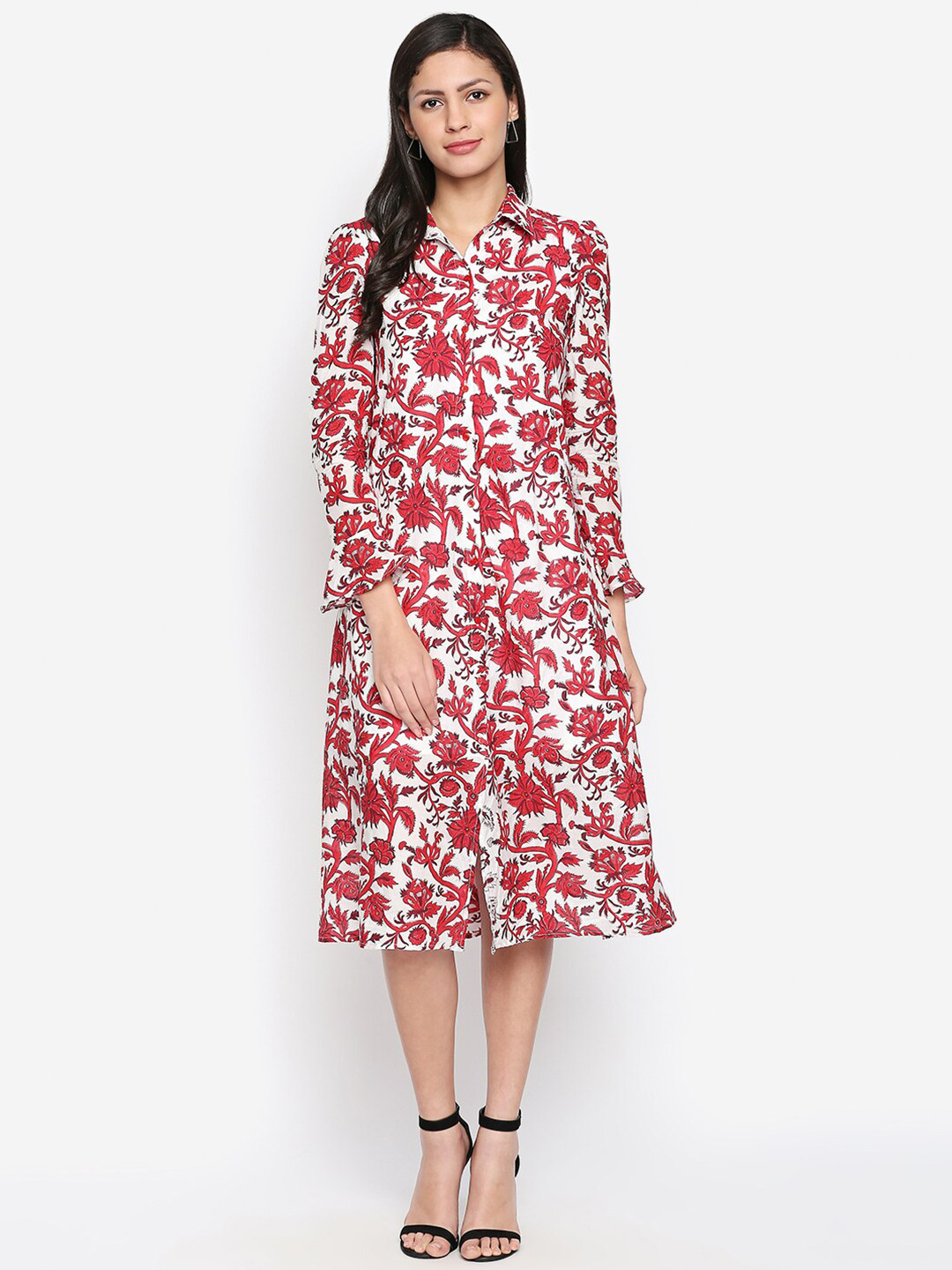 aaliya Red & White Floral Shirt Midi Dress
