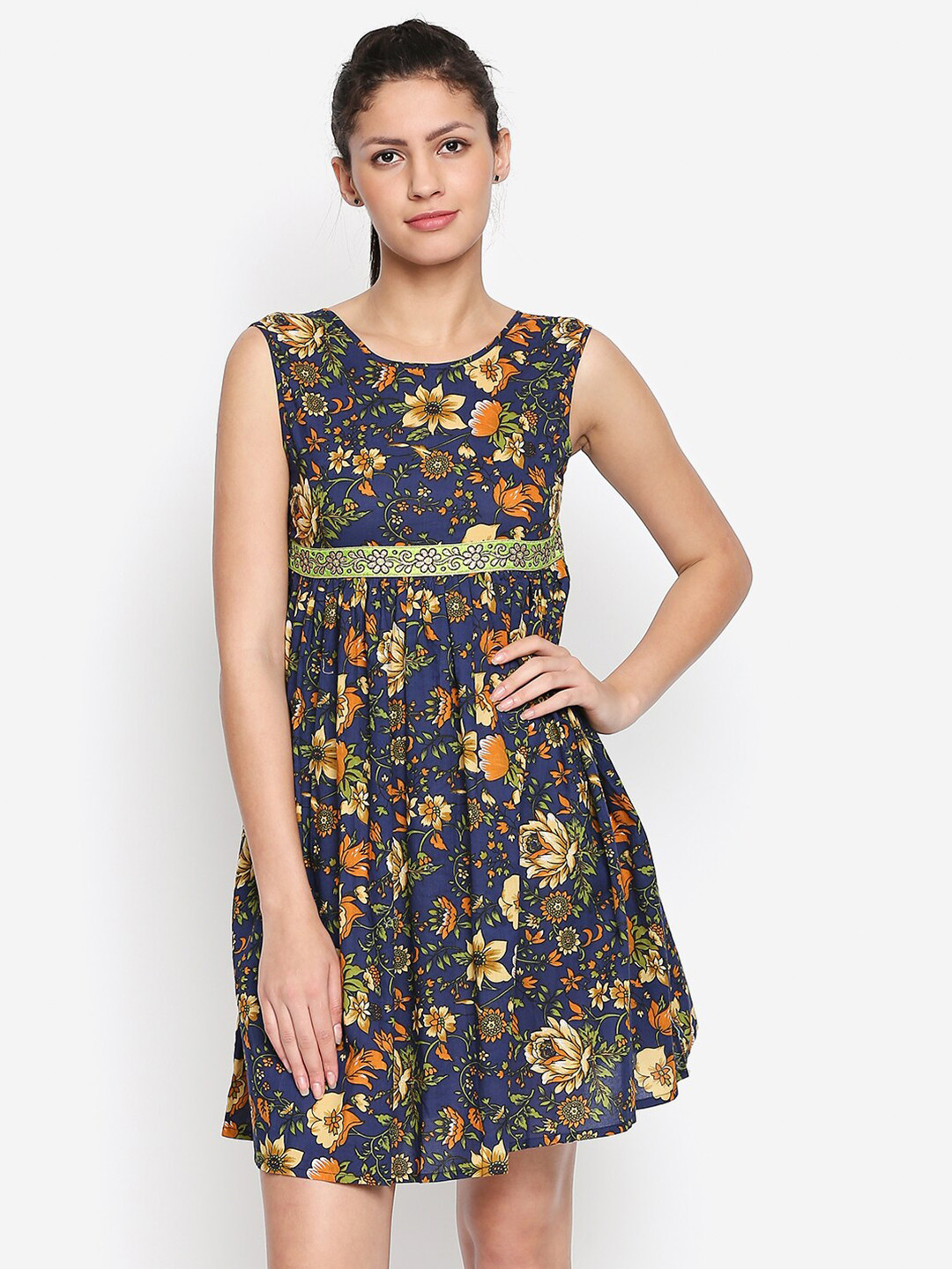 aaliya Navy Blue & Yellow Floral Printed Cotton Dress