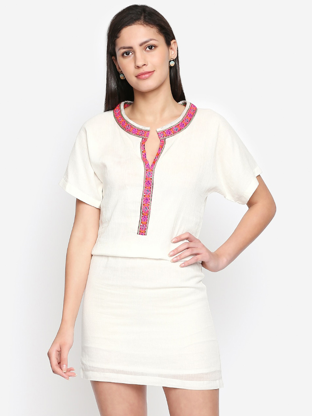 aaliya White & Pink Keyhole Neck Line lace Sheath Mini Dress