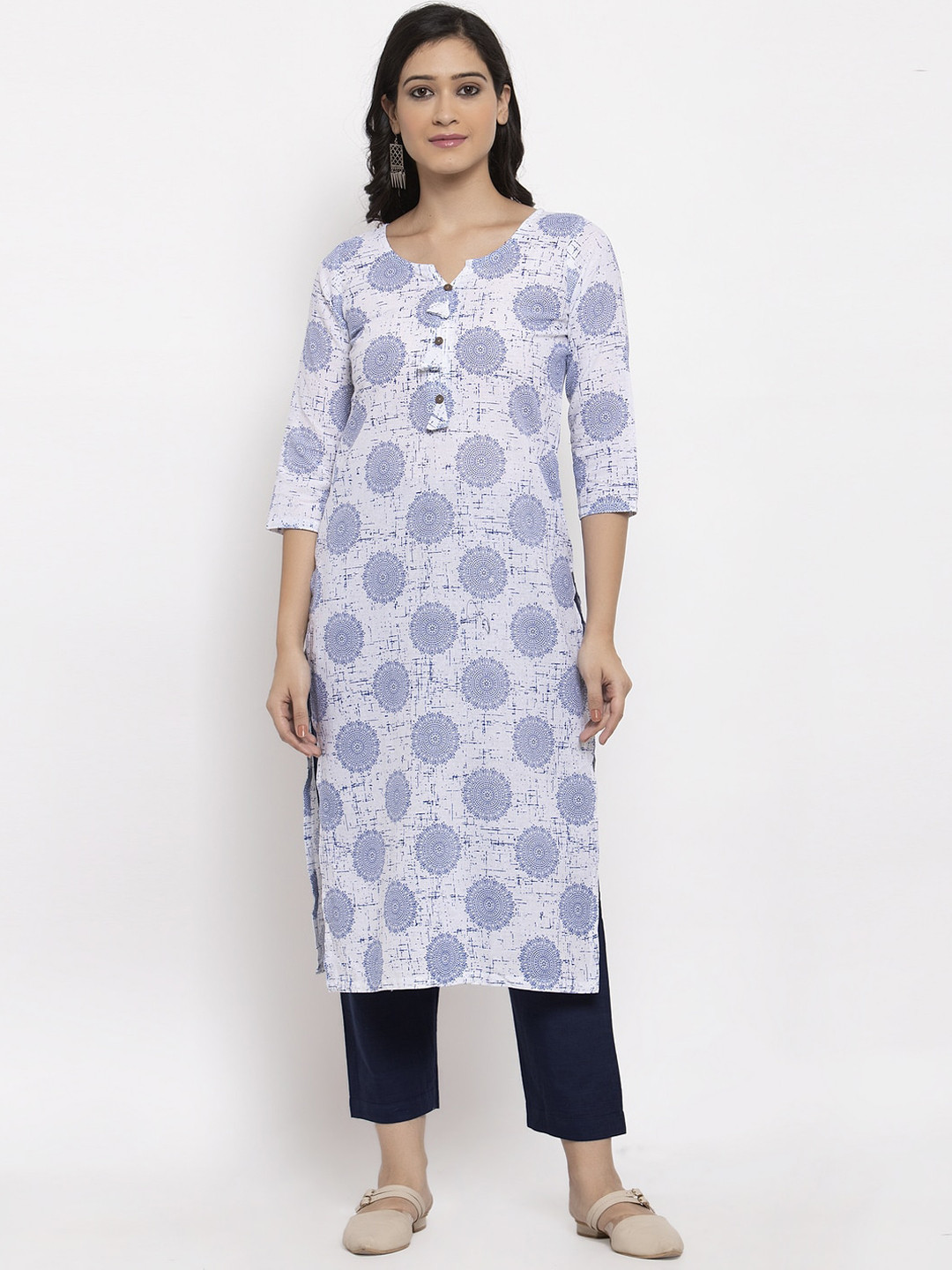 Sayesha Women Blue & White Ethnic Motifs Printed Pure Cotton Kurta