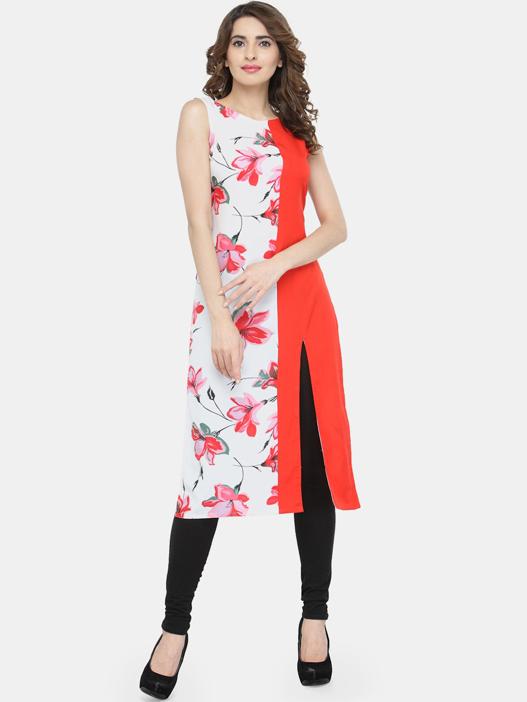 Sayesha Women White & Red Floral Printed Crepe Kurta