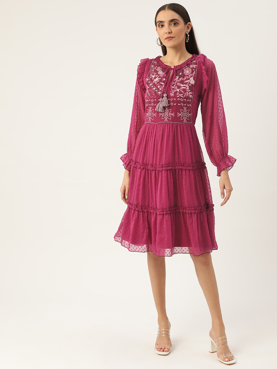 Antheaa Burgundy Self Design Embroidered Detail Tiered Dress