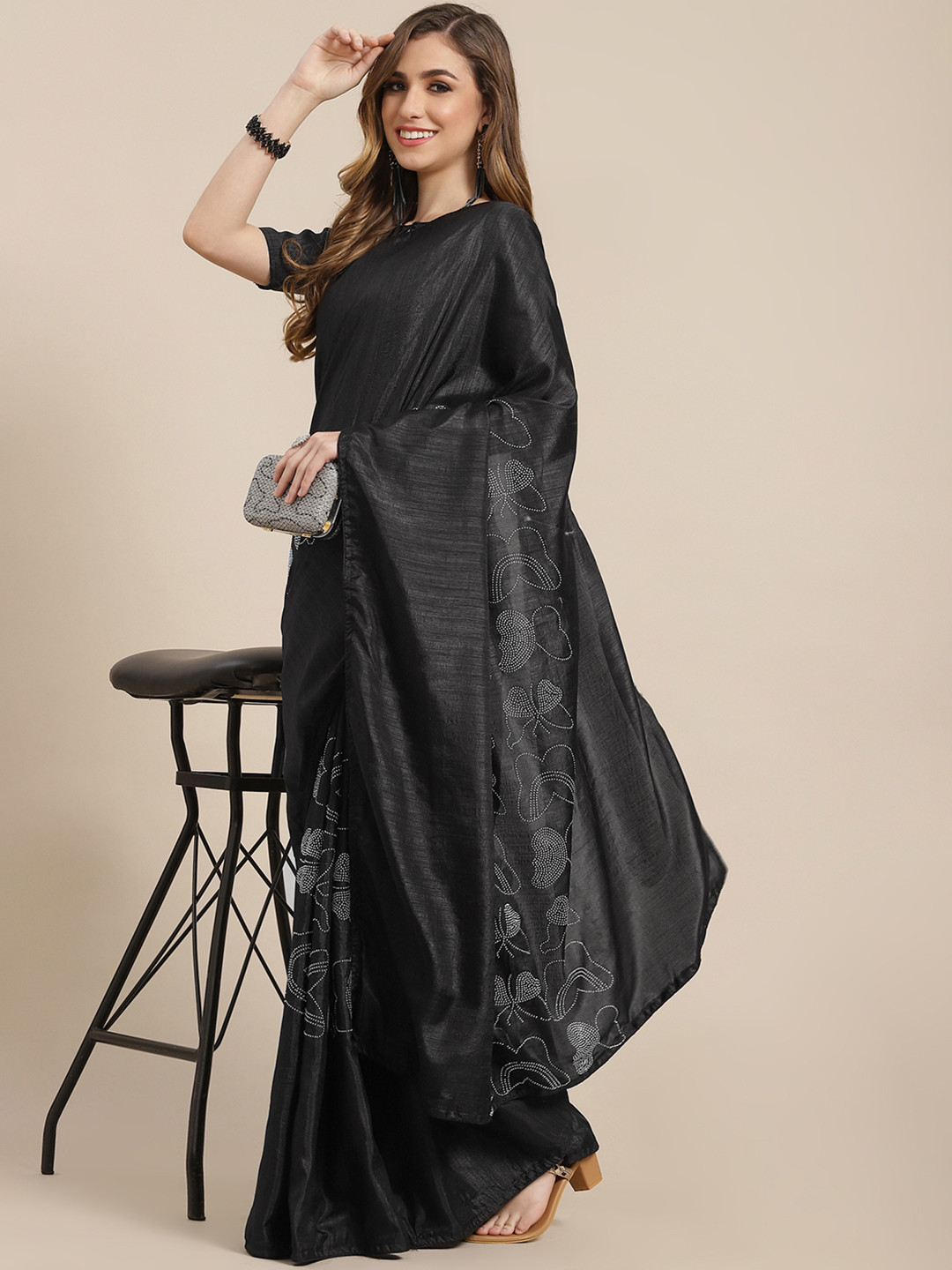 Mitera Black Embellished Sequinned Pure Georgette Heavy Work Saree