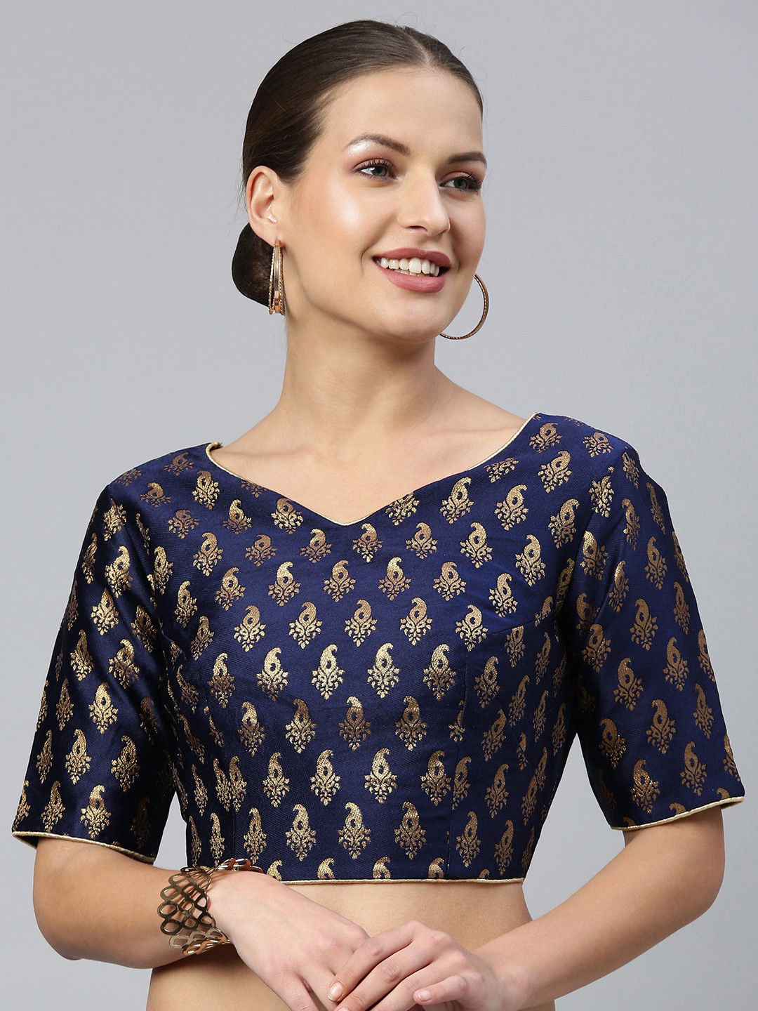 flaher Women Navy Blue & Gold Ethnic Motifs Woven Jacquard Design Blouse with Tie-Ups
