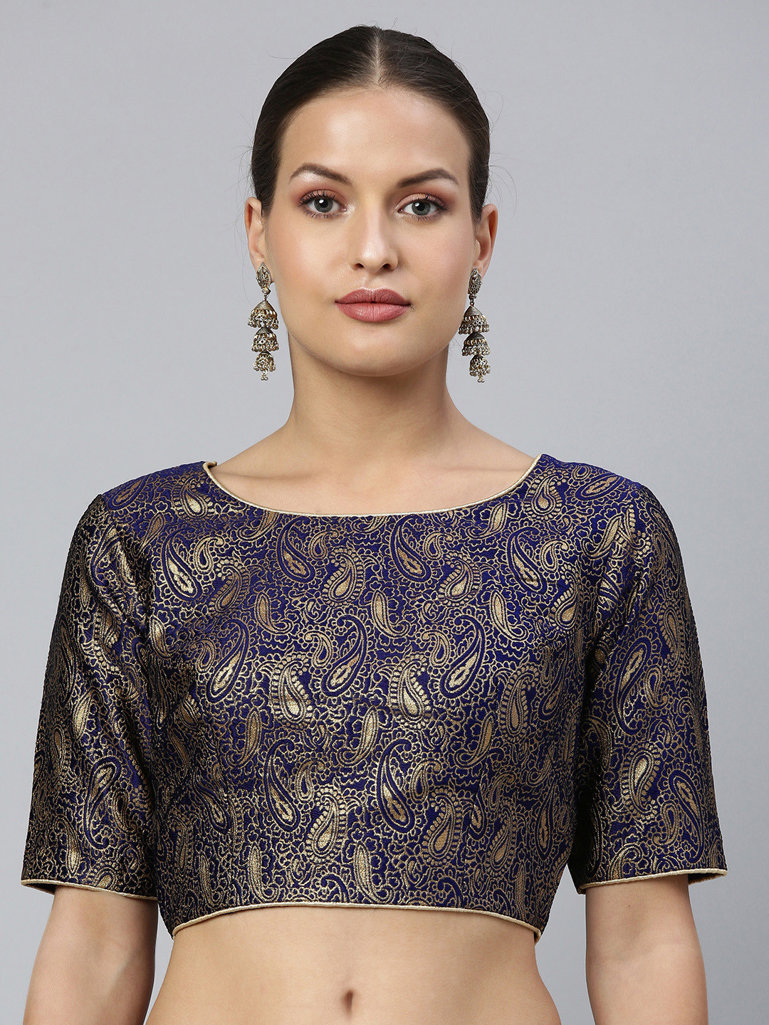 flaher Women Navy Blue & Gold Ethnic Motifs Jacquard Woven Design Tie-Ups Saree Blouse