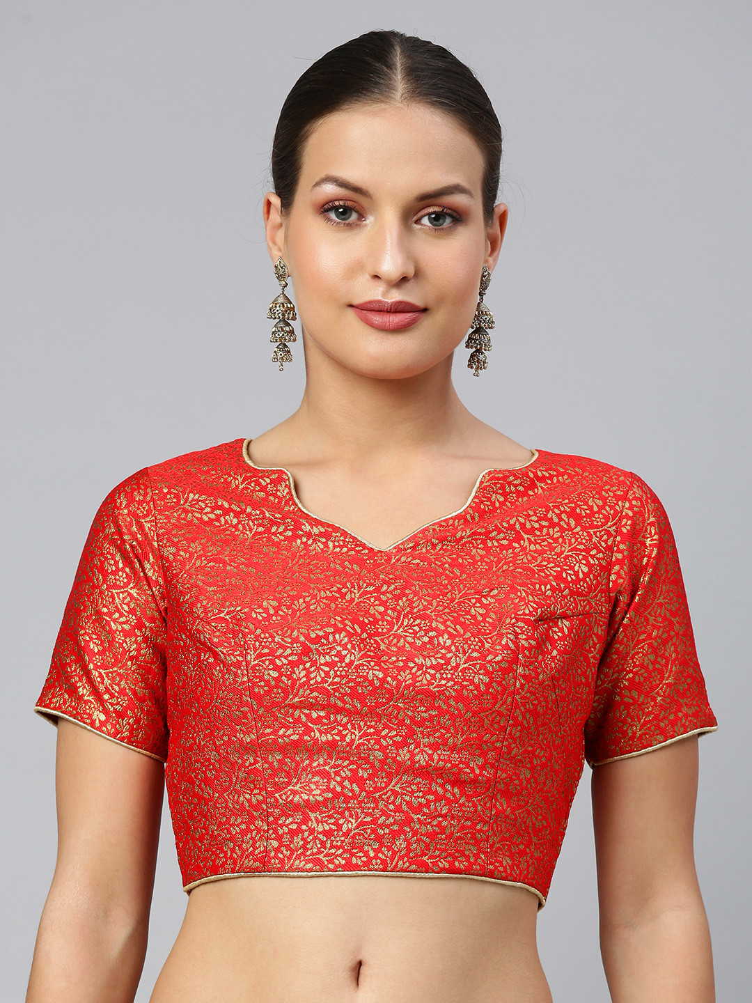flaher Women Red & Gold Ethnic Motifs Jacquard Woven Design Saree Blouse with Cut-Out