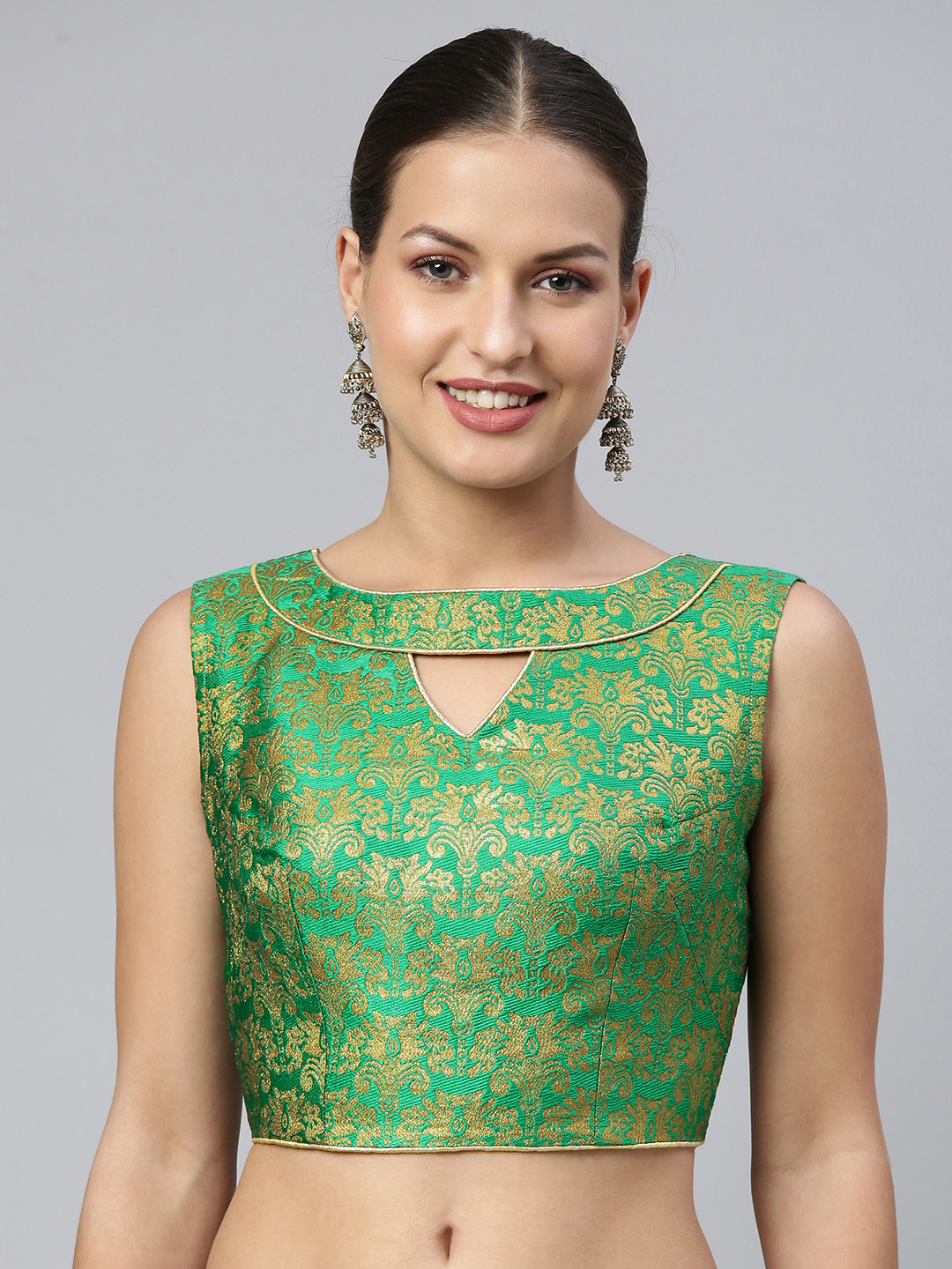 flaher Women Green & Gold Ethnic Motifs Jacquard Woven Design Saree Blouse with Cut-Out