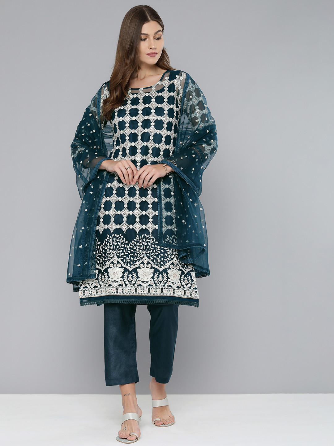 Kvsfab Teal Blue & Off White Embroidered Unstitched Dress Material