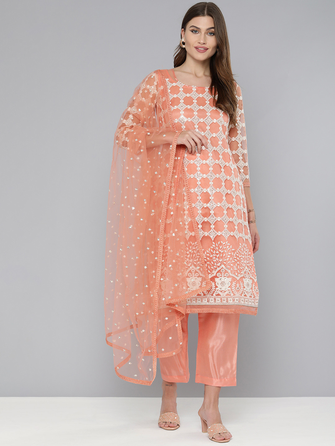 Kvsfab Peach-Coloured & Off White Embroidered Unstitched Dress Material