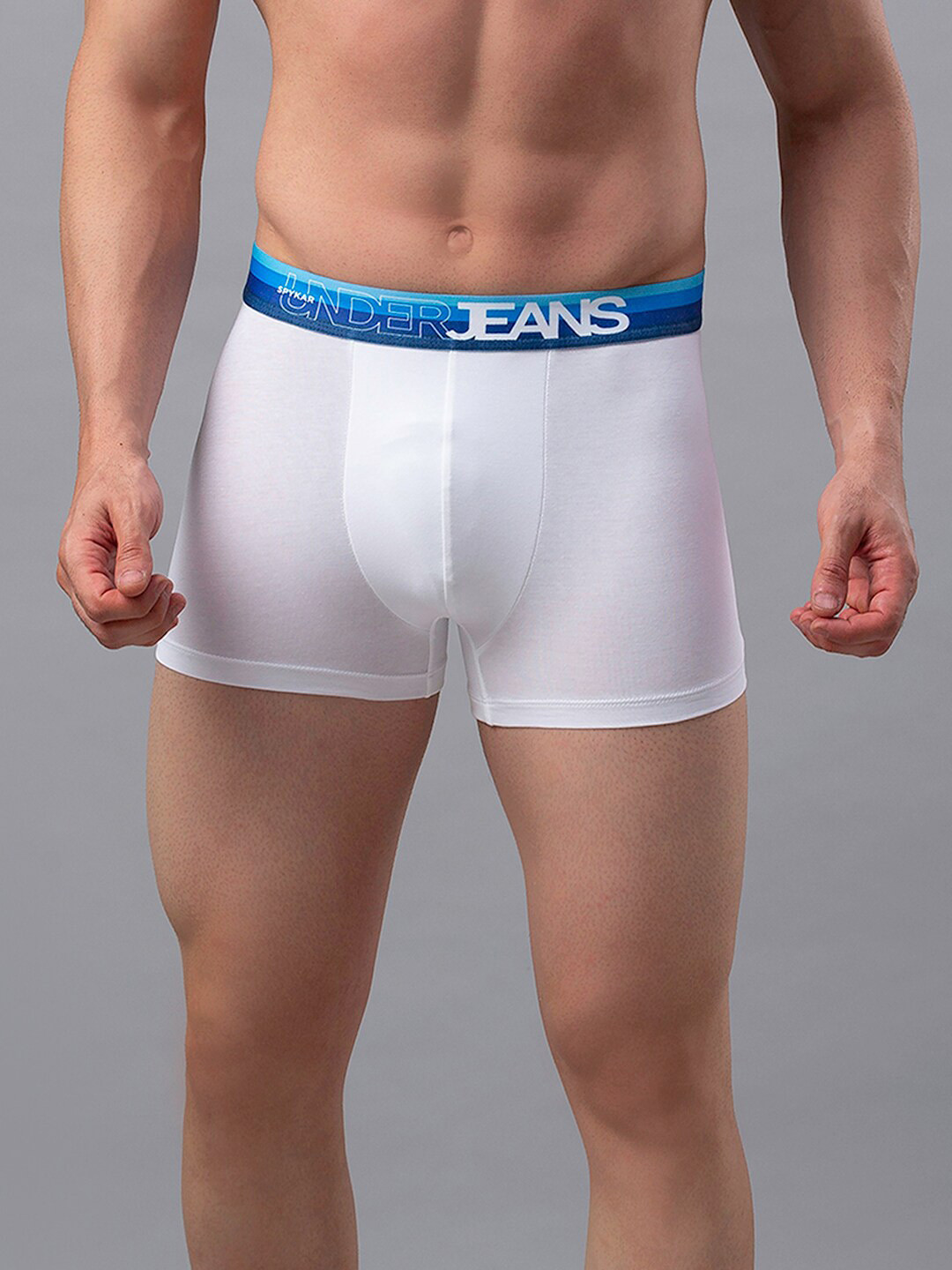 UnderJeans by Spykar Men White & Blue Solid Mid Rise Cotton Blend Trunk