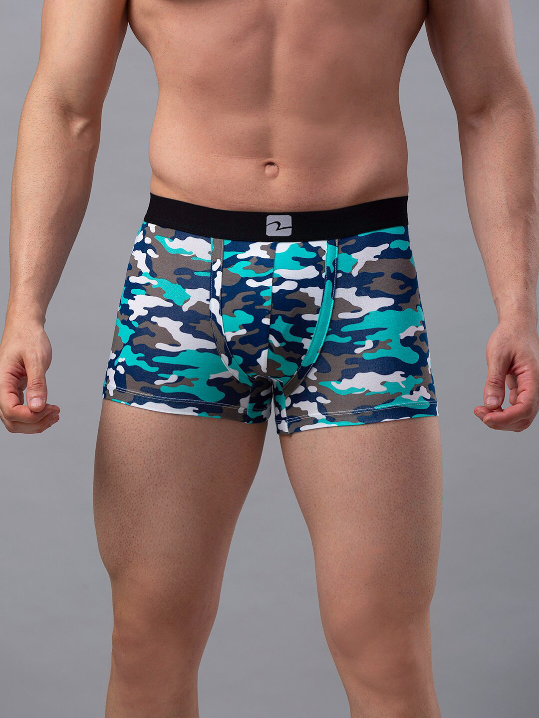 UnderJeans by Spykar Men White & Blue Printed Mid Rise Trunks