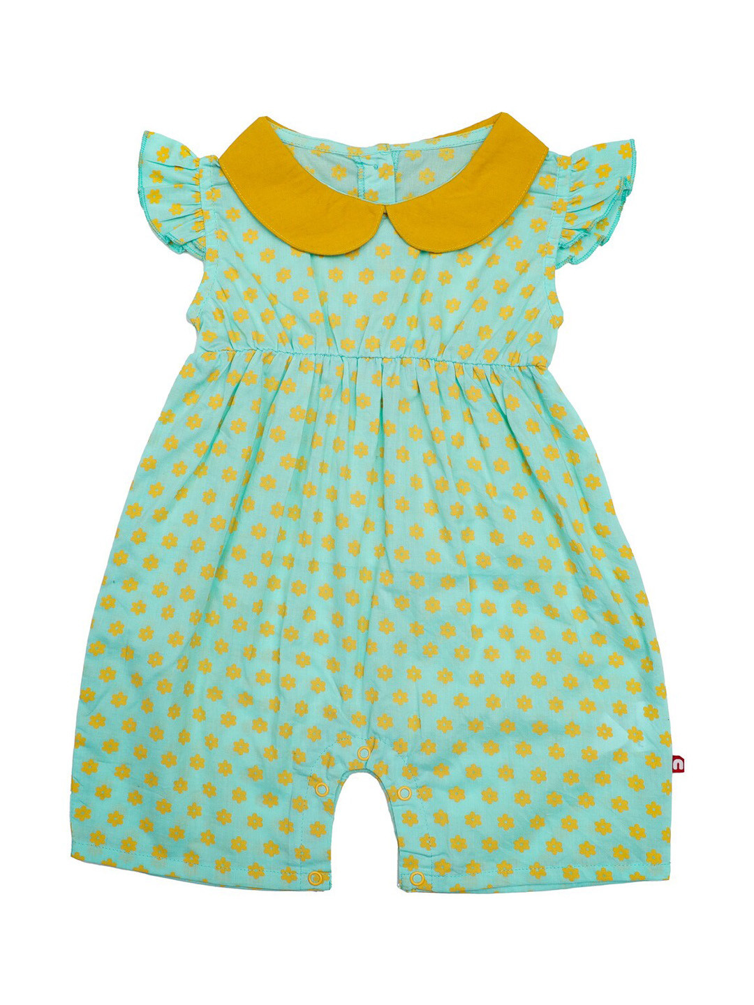 Nino Bambino Girls Green & Yellow Printed Pure Organic Cotton Rompers
