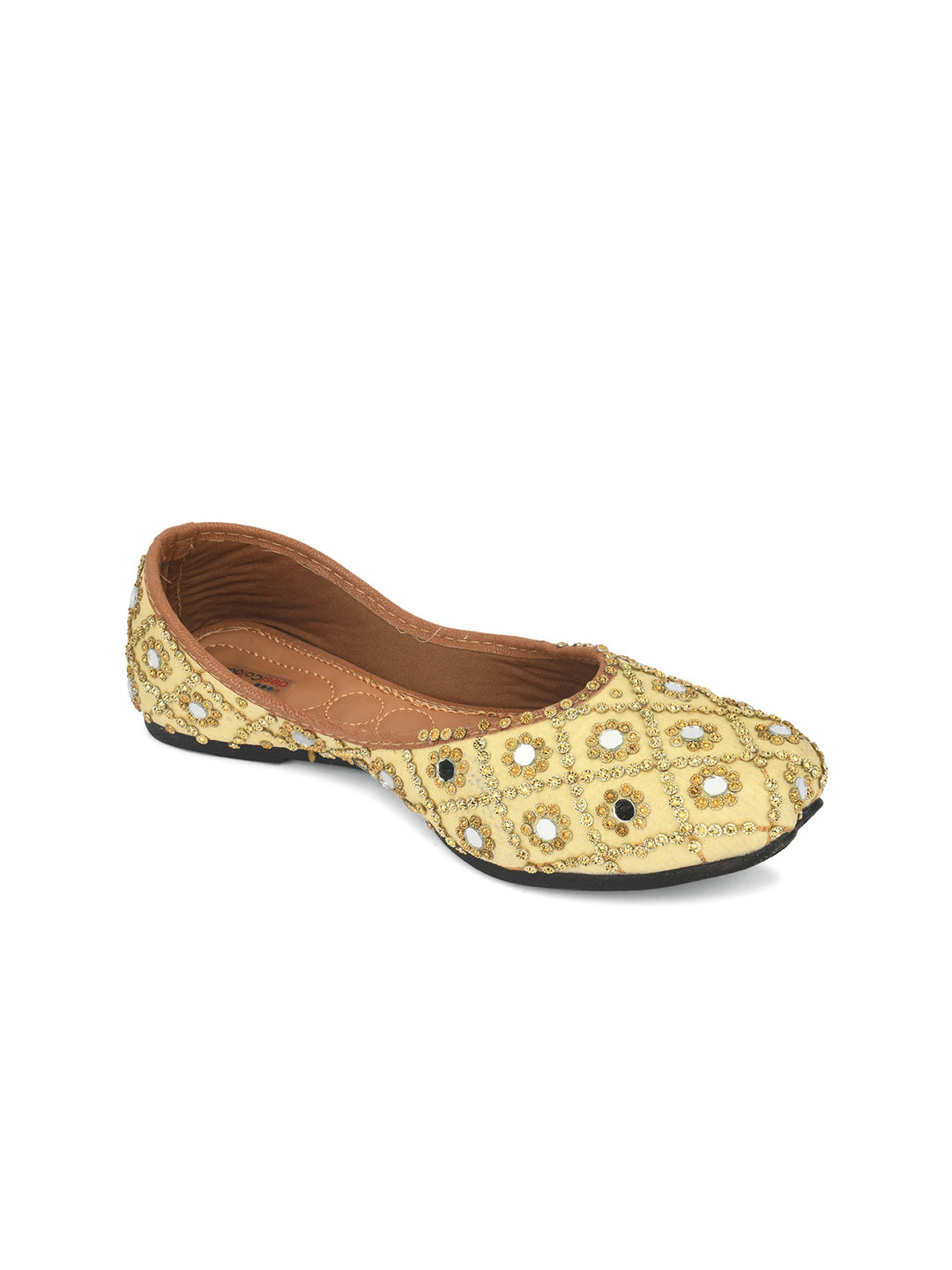 DESI COLOUR Women Yellow Embellished Leather Ethnic Mojaris Flats
