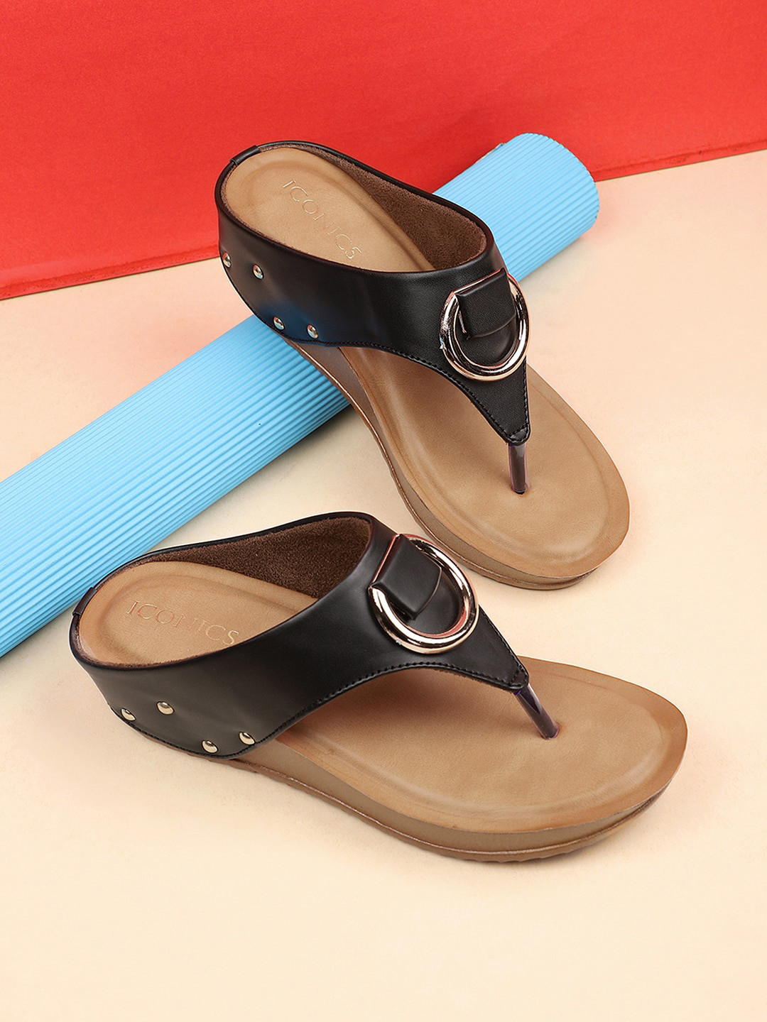 ICONICS Women Black T-Strap Flats