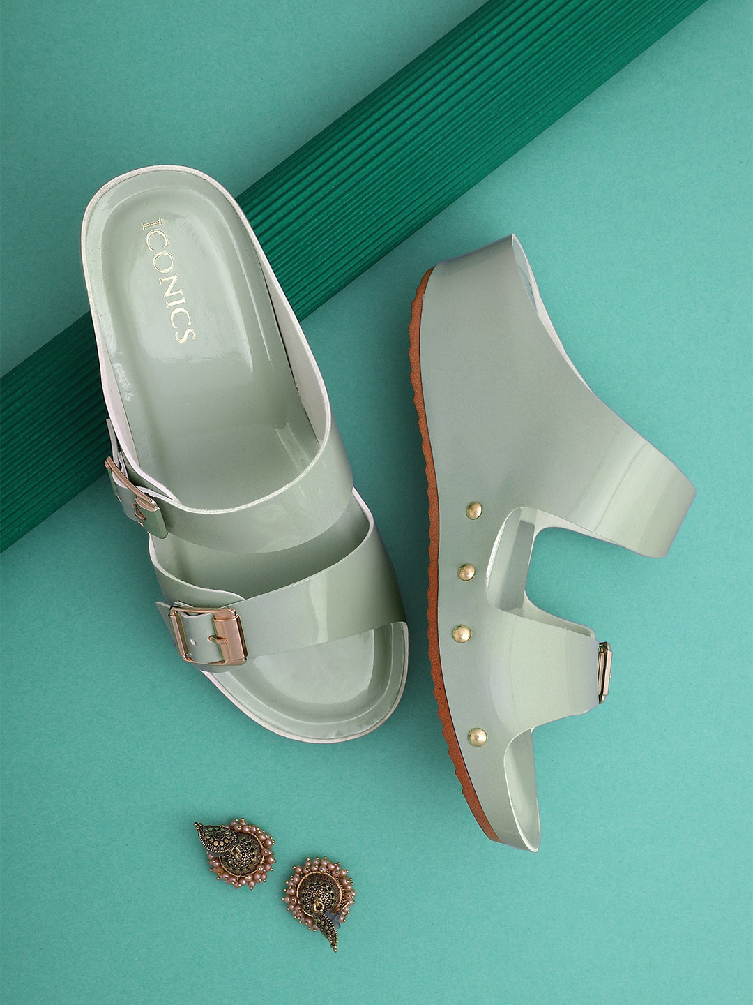 ICONICS Green Embellished Block Sandals